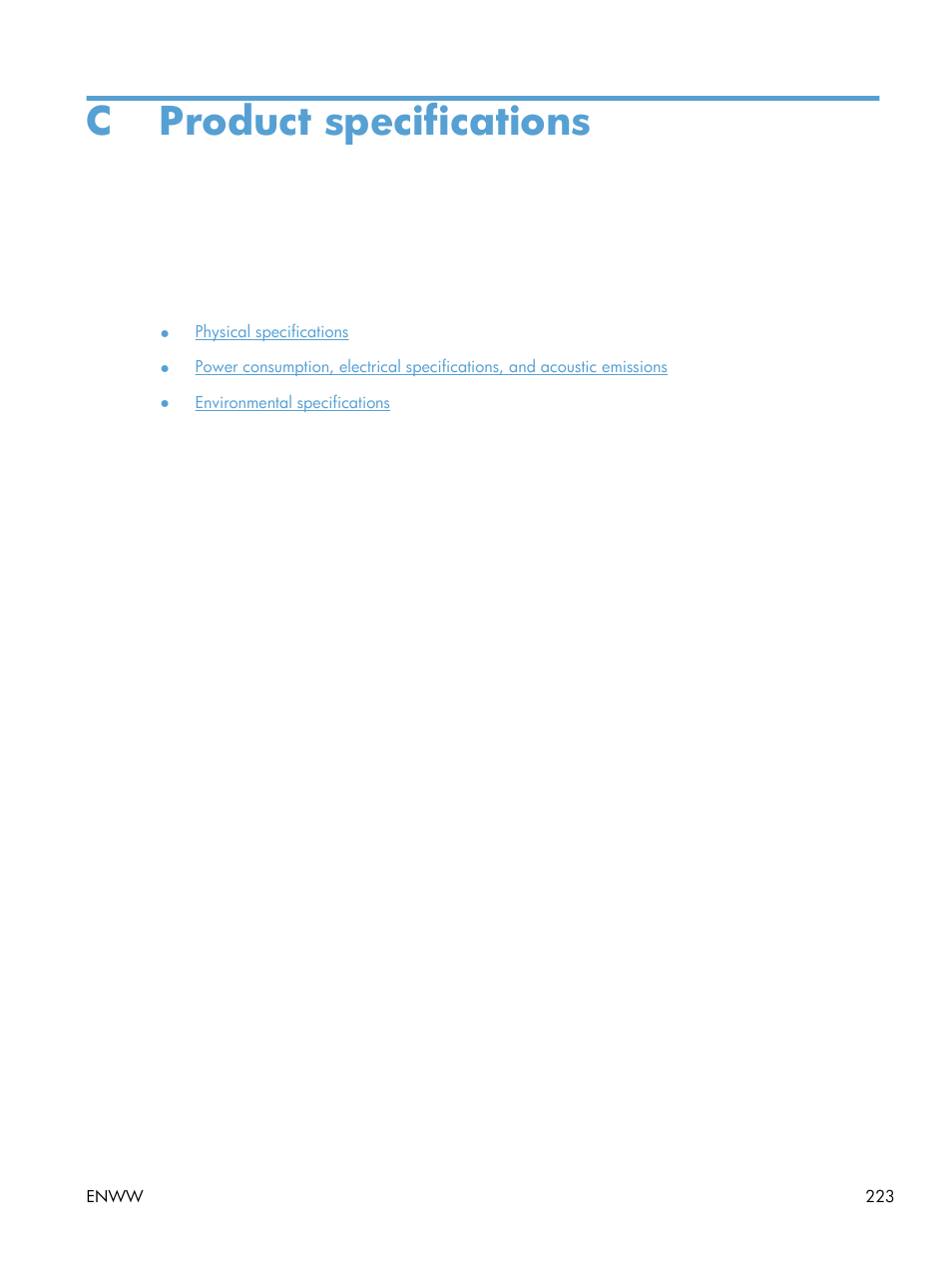 Product specifications, Appendix c product specifications, C product specifications | HP Color LaserJet Enterprise CP5525 Printer series User Manual | Page 239 / 262