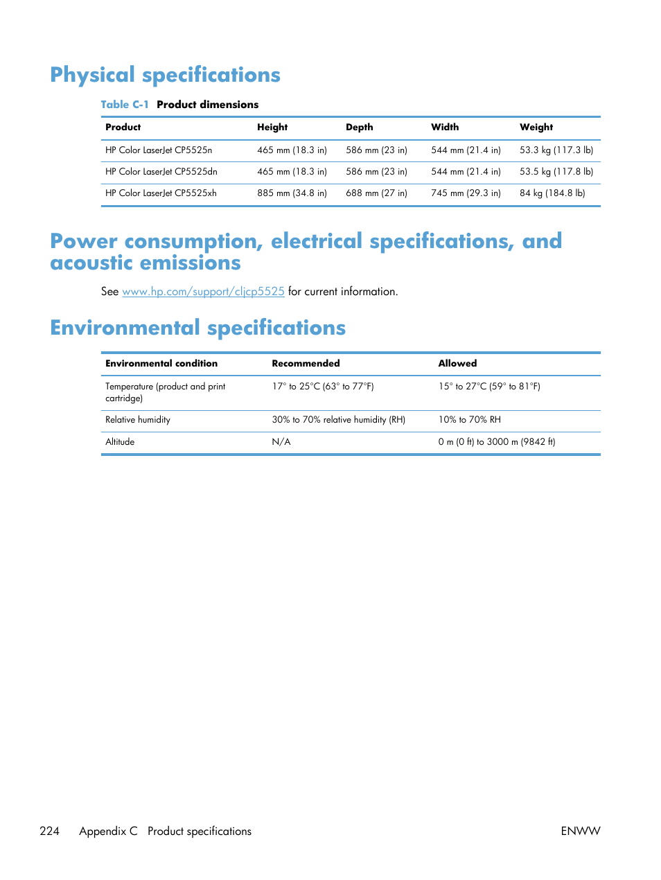 Physical specifications, Environmental specifications | HP Color LaserJet Enterprise CP5525 Printer series User Manual | Page 240 / 262