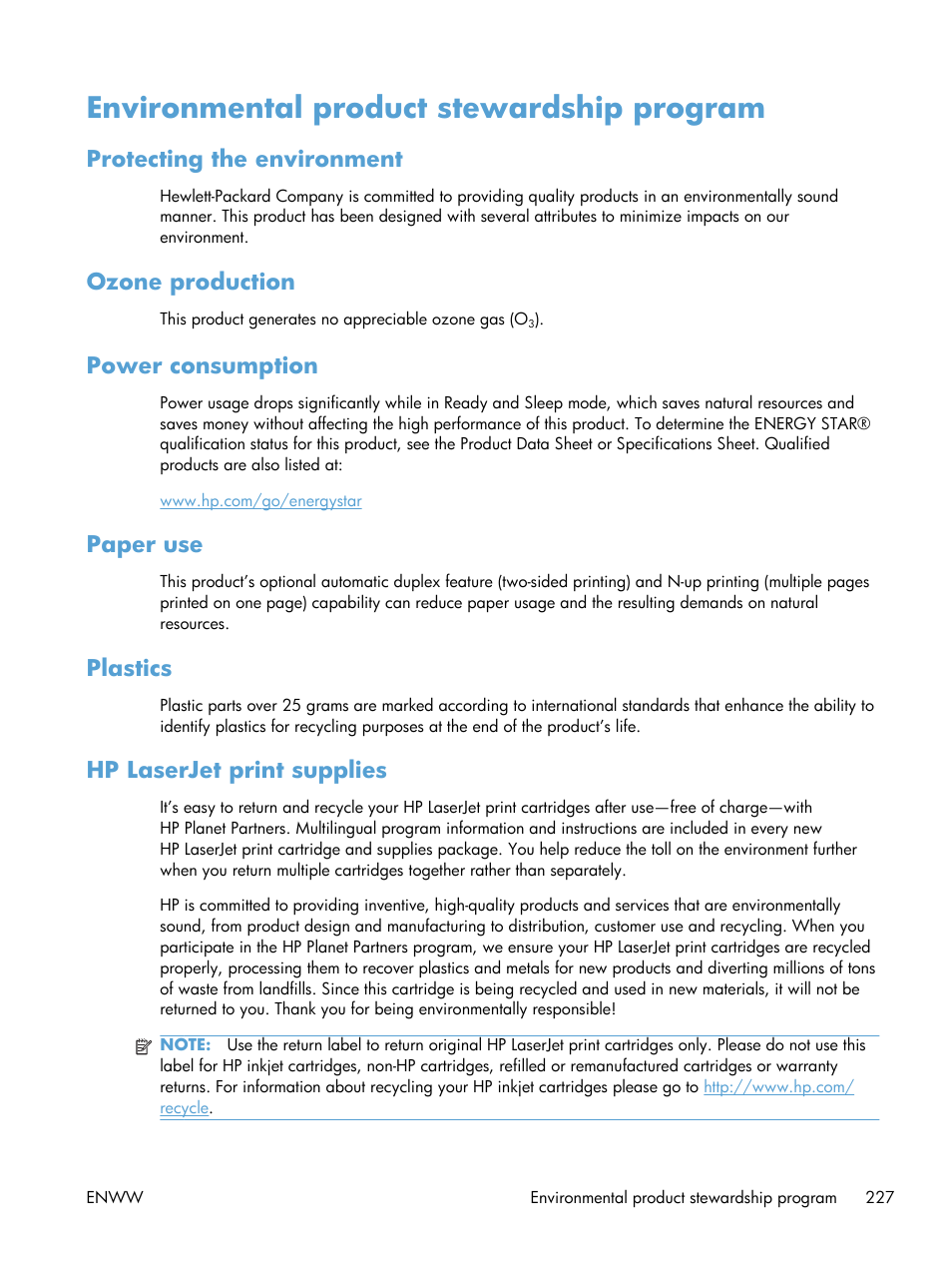 Environmental product stewardship program, Protecting the environment, Ozone production | Power consumption, Paper use, Plastics, Hp laserjet print supplies | HP Color LaserJet Enterprise CP5525 Printer series User Manual | Page 243 / 262