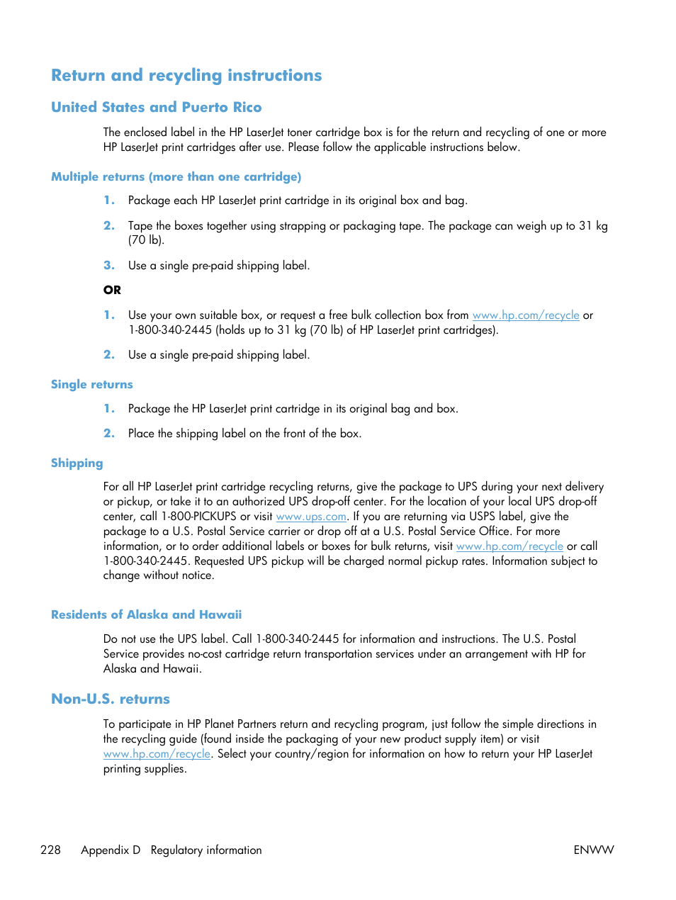 Return and recycling instructions, United states and puerto rico, Multiple returns (more than one cartridge) | Single returns, Shipping, Residents of alaska and hawaii, Non-u.s. returns | HP Color LaserJet Enterprise CP5525 Printer series User Manual | Page 244 / 262