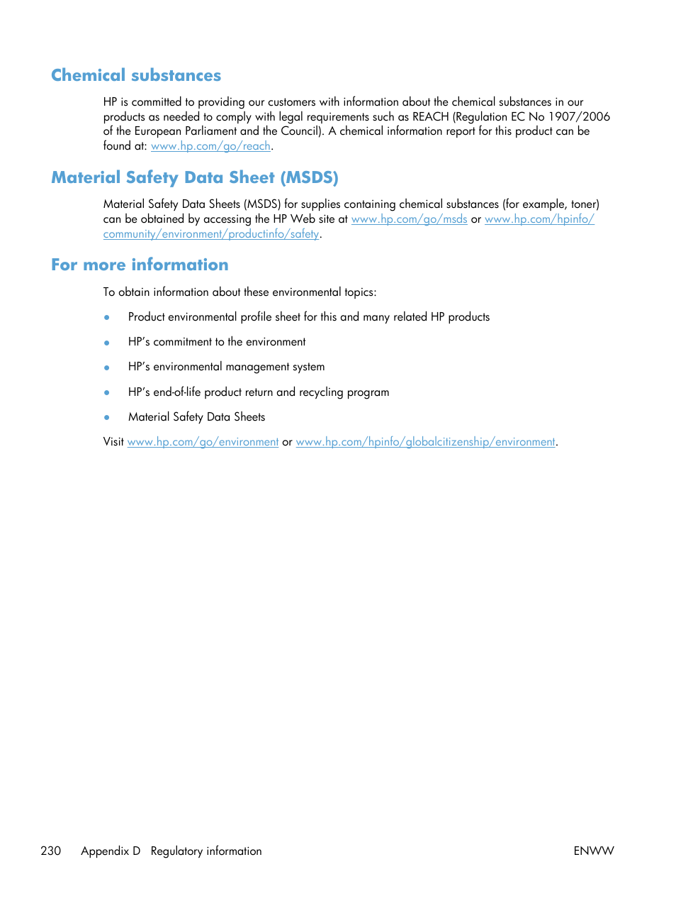 Chemical substances, Material safety data sheet (msds), For more information | HP Color LaserJet Enterprise CP5525 Printer series User Manual | Page 246 / 262