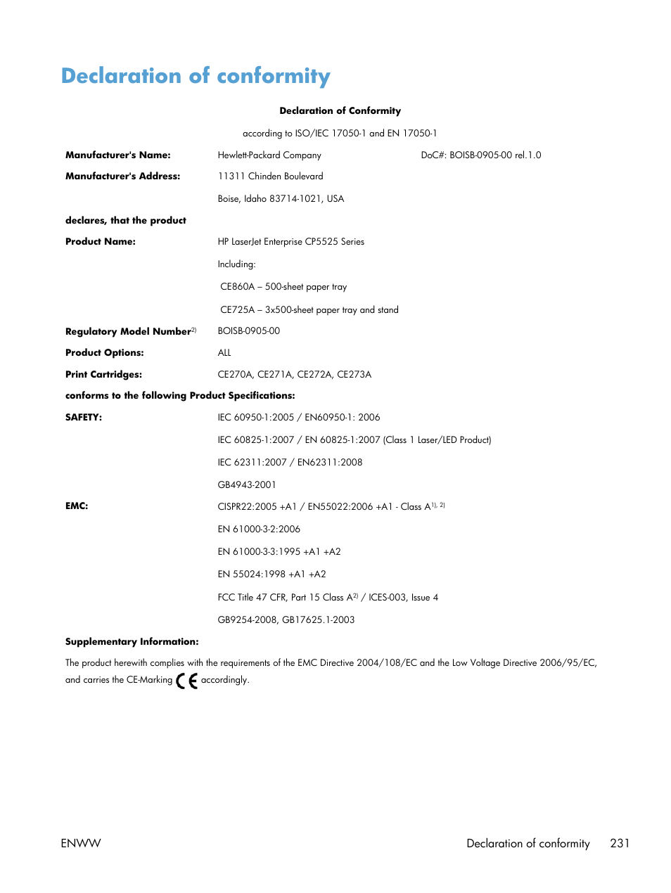 Declaration of conformity, Enww declaration of conformity 231 | HP Color LaserJet Enterprise CP5525 Printer series User Manual | Page 247 / 262