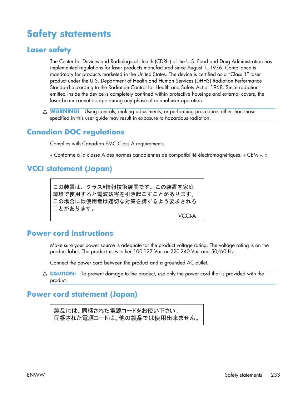 Safety statements, Laser safety, Canadian doc regulations | Vcci statement (japan), Power cord instructions, Power cord statement (japan), Vcci statement (japan) power cord instructions | HP Color LaserJet Enterprise CP5525 Printer series User Manual | Page 249 / 262