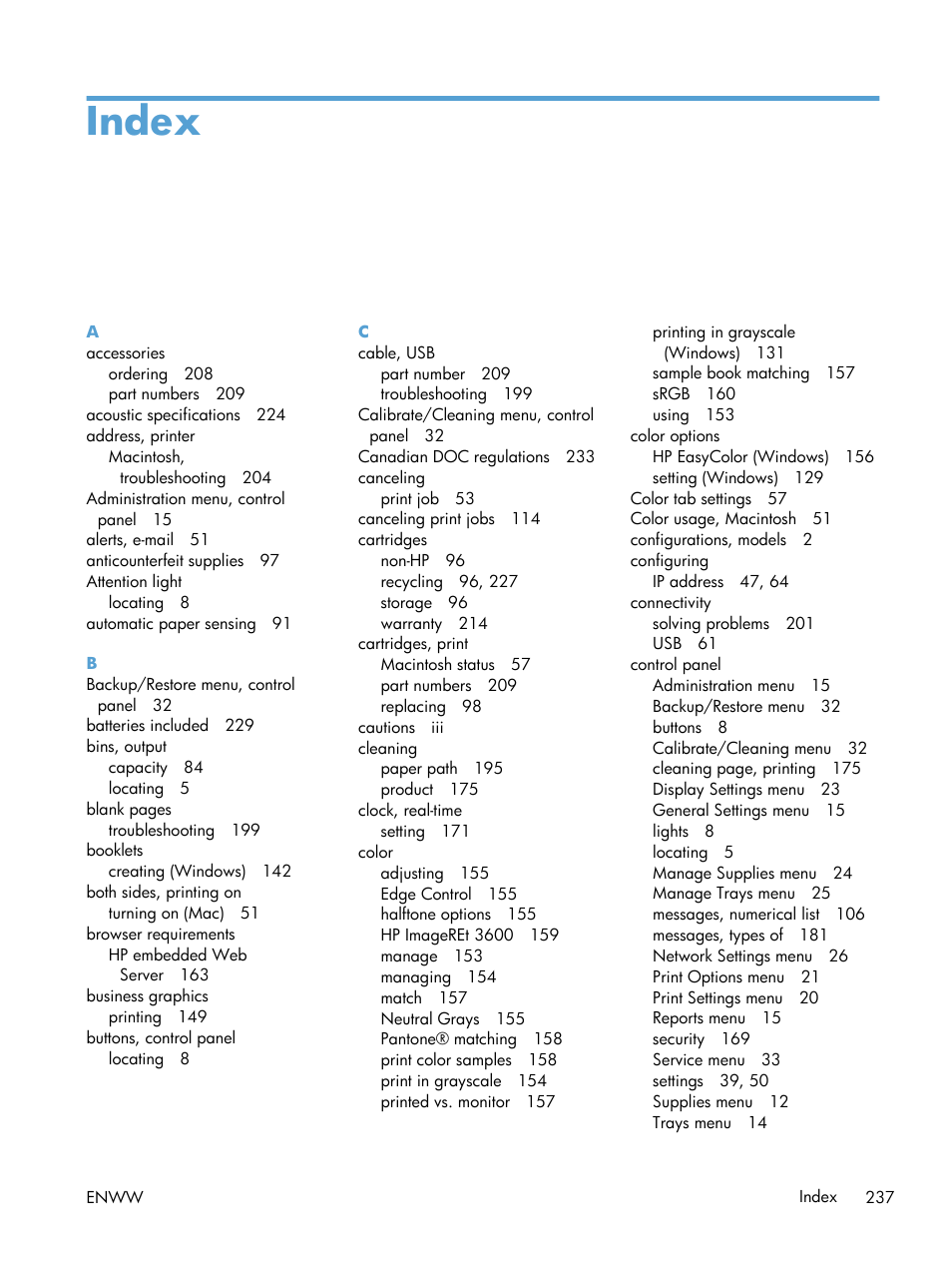 Index | HP Color LaserJet Enterprise CP5525 Printer series User Manual | Page 253 / 262