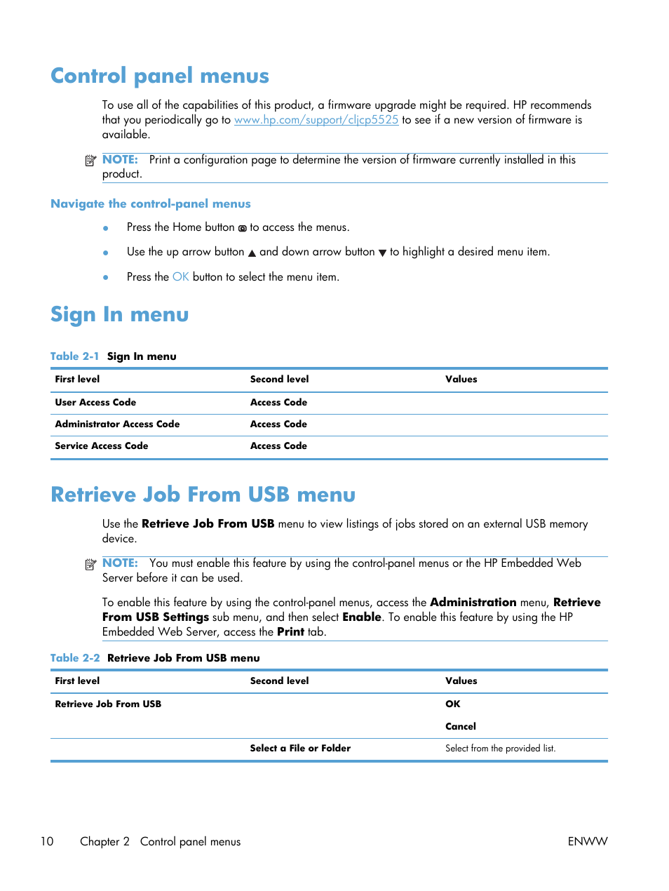 Control panel menus, Sign in menu, Retrieve job from usb menu | HP Color LaserJet Enterprise CP5525 Printer series User Manual | Page 26 / 262