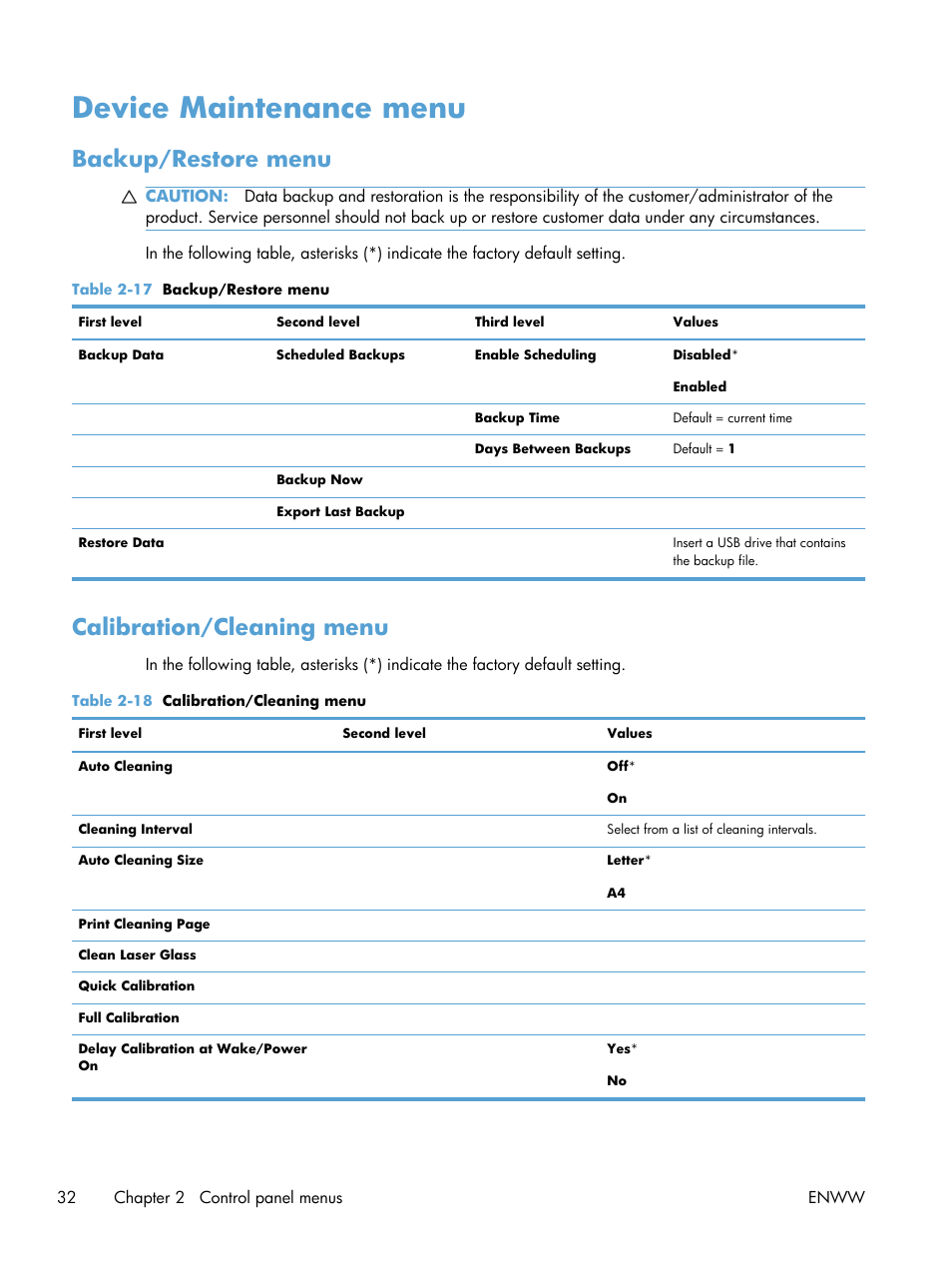 Device maintenance menu, Backup/restore menu, Calibration/cleaning menu | Backup/restore menu calibration/cleaning menu | HP Color LaserJet Enterprise CP5525 Printer series User Manual | Page 48 / 262