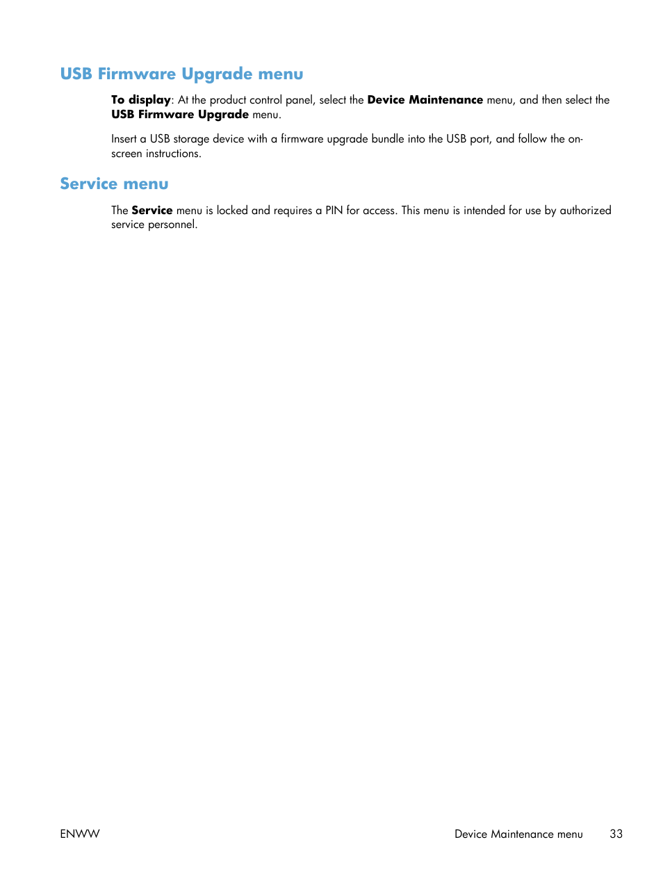 Usb firmware upgrade menu, Service menu, Usb firmware upgrade menu service menu | HP Color LaserJet Enterprise CP5525 Printer series User Manual | Page 49 / 262