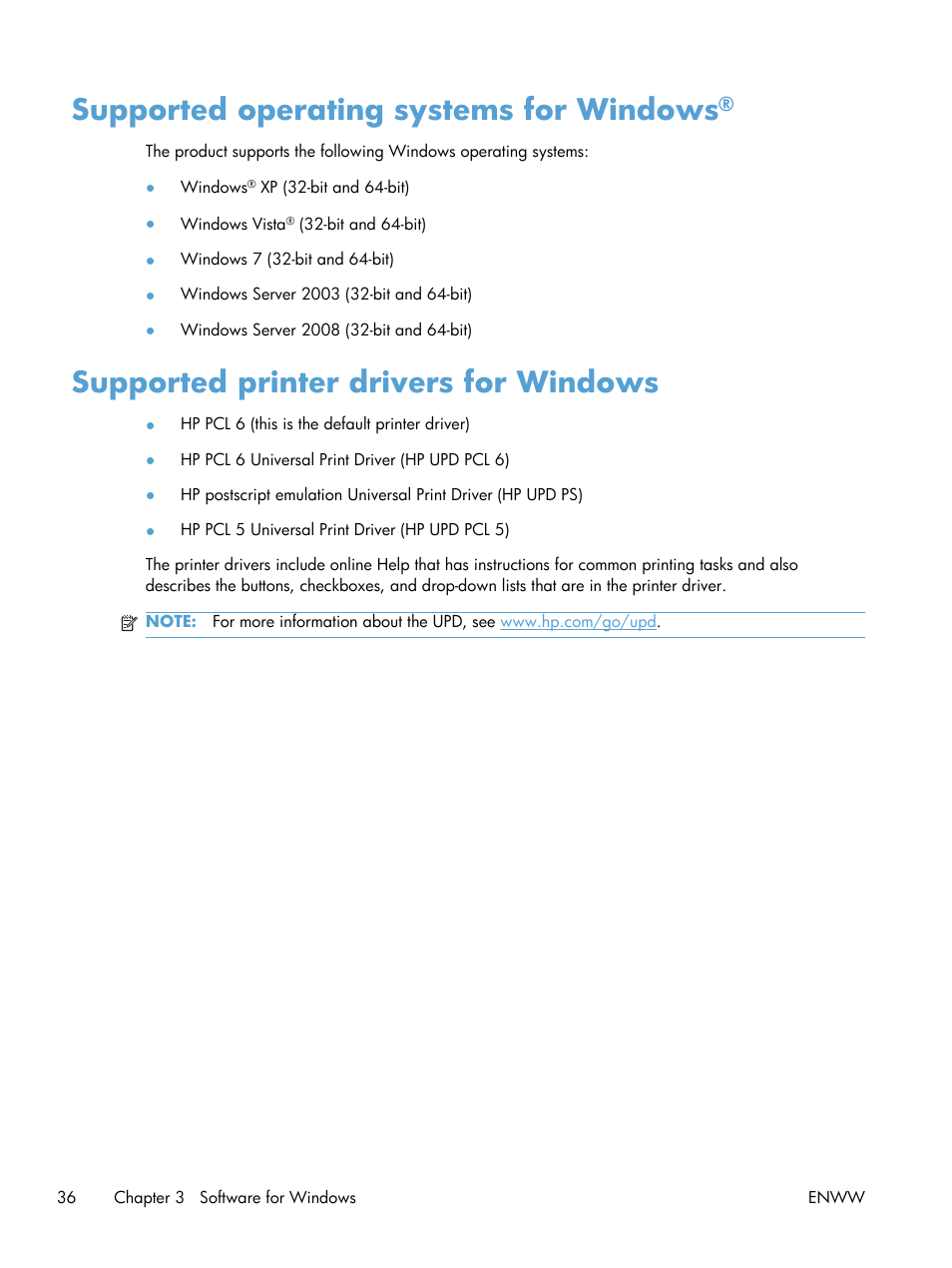 Supported operating systems for windows, Supported printer drivers for windows | HP Color LaserJet Enterprise CP5525 Printer series User Manual | Page 52 / 262
