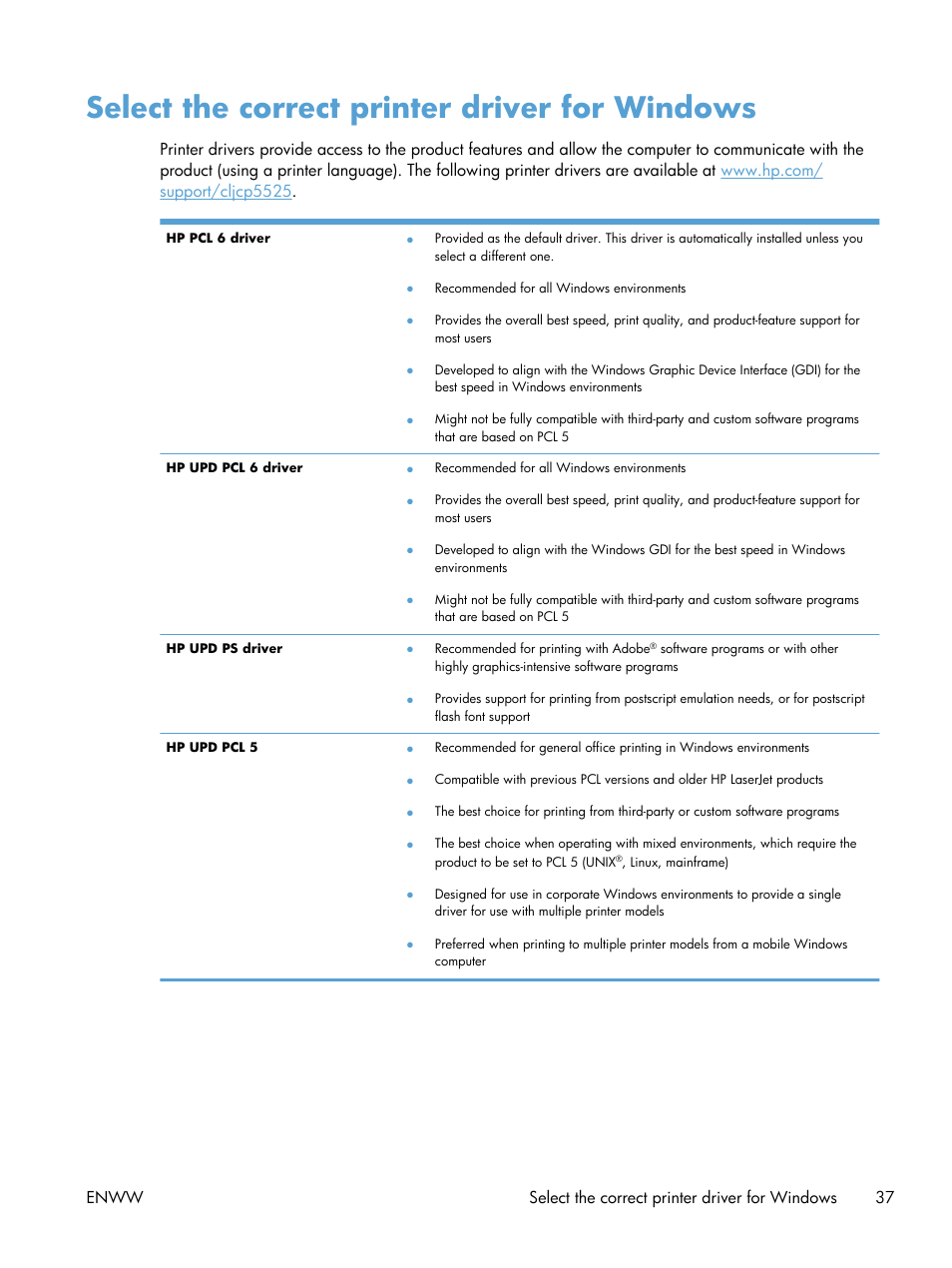 Select the correct printer driver for windows | HP Color LaserJet Enterprise CP5525 Printer series User Manual | Page 53 / 262