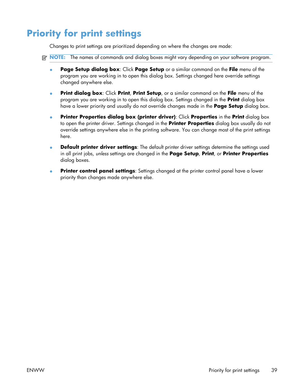 Priority for print settings | HP Color LaserJet Enterprise CP5525 Printer series User Manual | Page 55 / 262