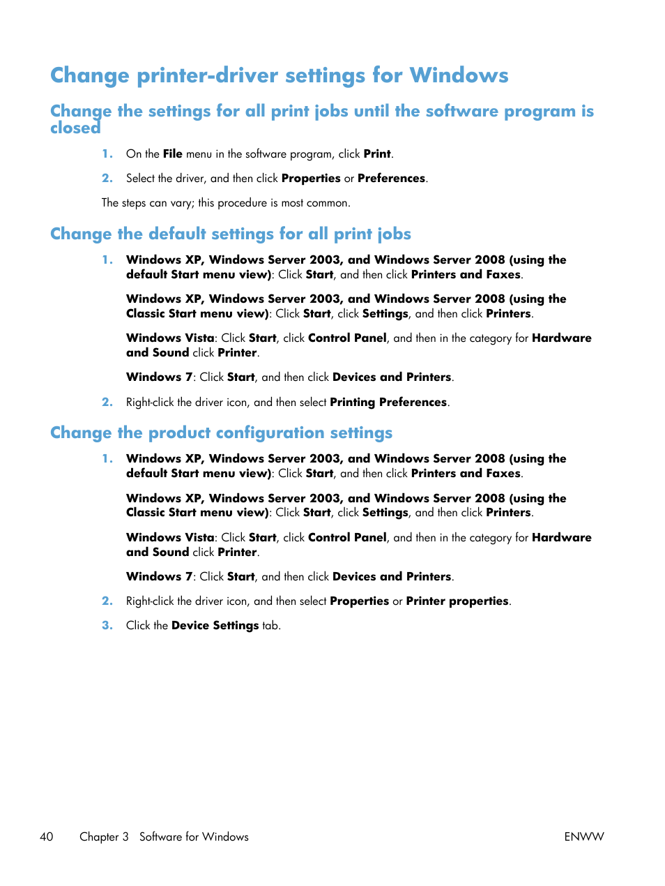 Change printer-driver settings for windows, Change the default settings for all print jobs, Change the product configuration settings | HP Color LaserJet Enterprise CP5525 Printer series User Manual | Page 56 / 262