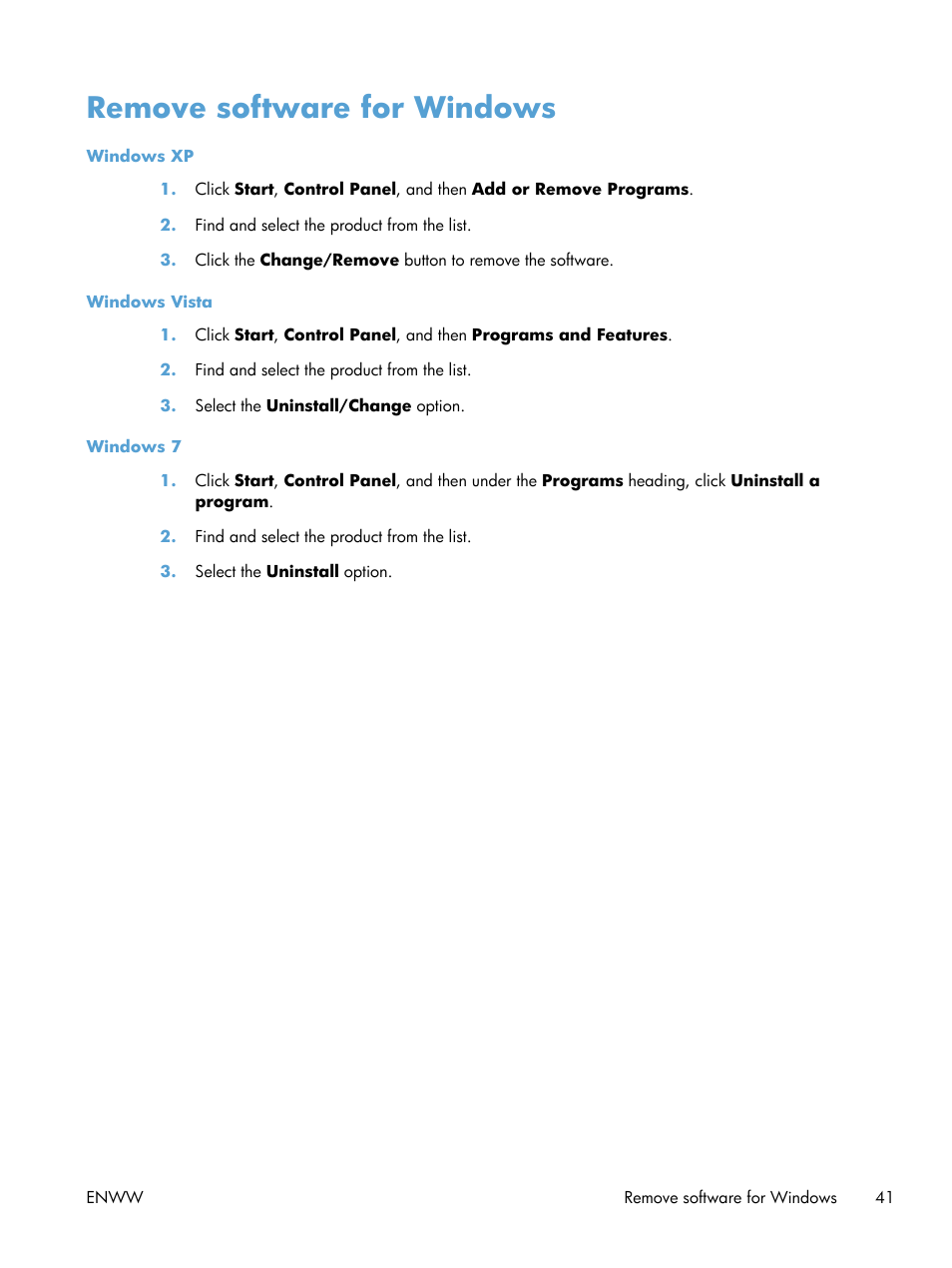 Remove software for windows | HP Color LaserJet Enterprise CP5525 Printer series User Manual | Page 57 / 262