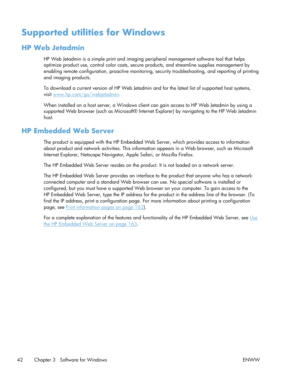 Supported utilities for windows, Hp web jetadmin, Hp embedded web server | Hp web jetadmin hp embedded web server | HP Color LaserJet Enterprise CP5525 Printer series User Manual | Page 58 / 262