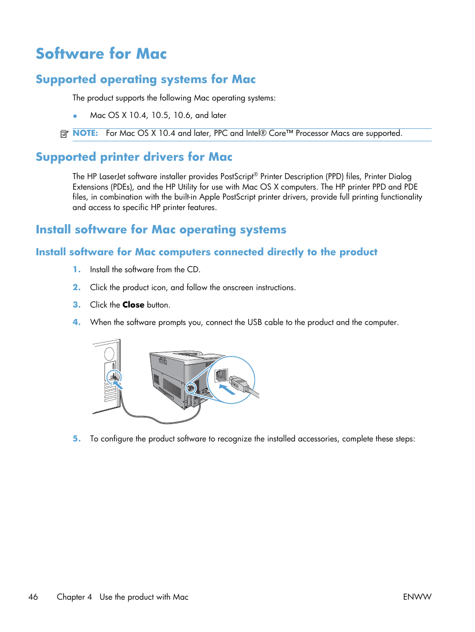 Software for mac, Supported operating systems for mac, Supported printer drivers for mac | Install software for mac operating systems | HP Color LaserJet Enterprise CP5525 Printer series User Manual | Page 62 / 262