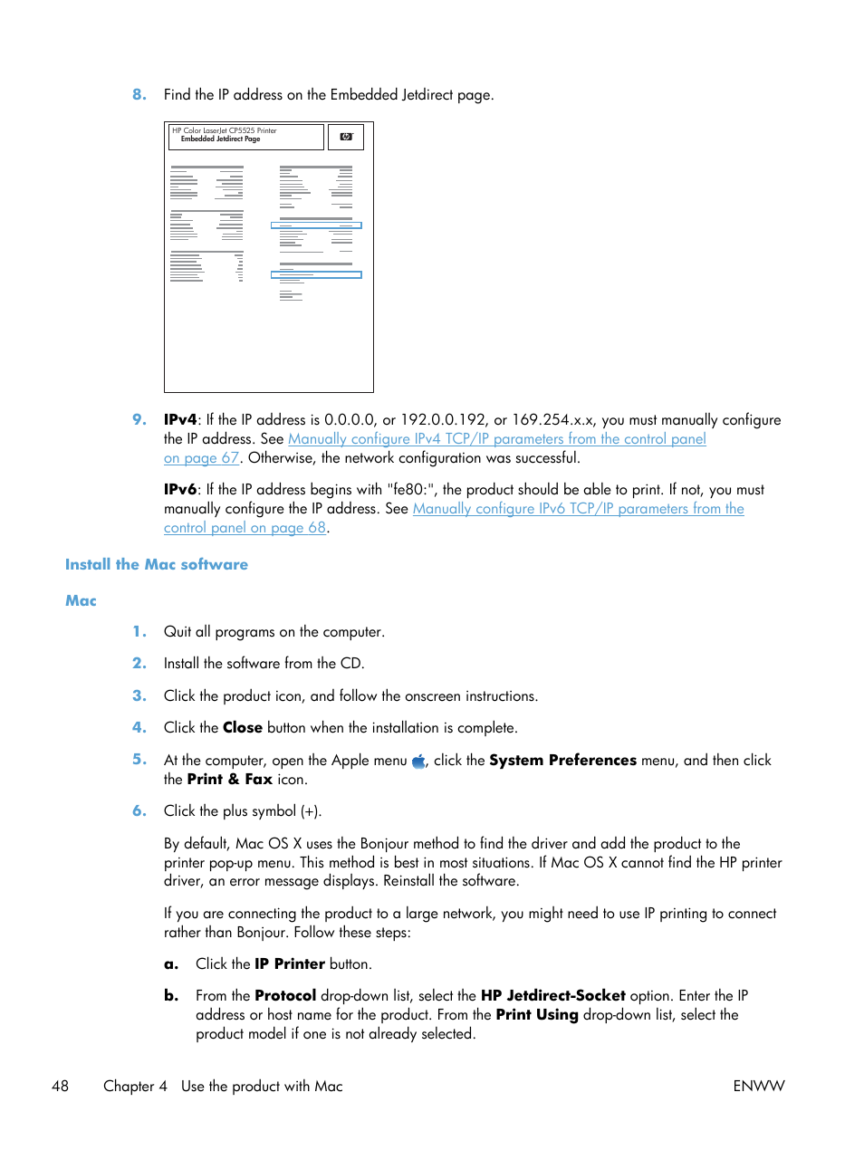 Install the mac software | HP Color LaserJet Enterprise CP5525 Printer series User Manual | Page 64 / 262