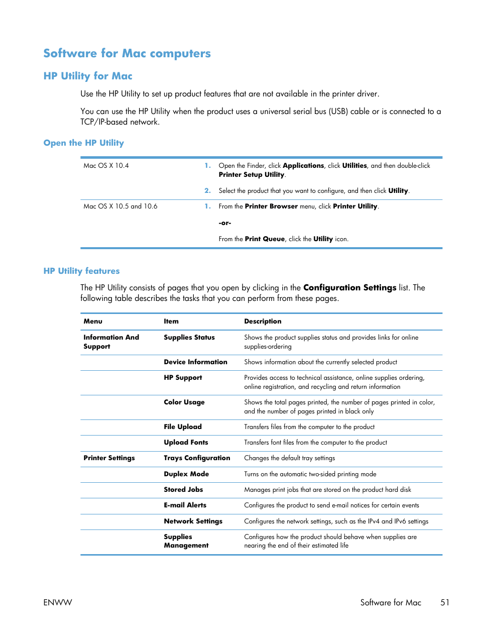Software for mac computers, Hp utility for mac, Open the hp utility | Hp utility features, Open the hp utility hp utility features | HP Color LaserJet Enterprise CP5525 Printer series User Manual | Page 67 / 262