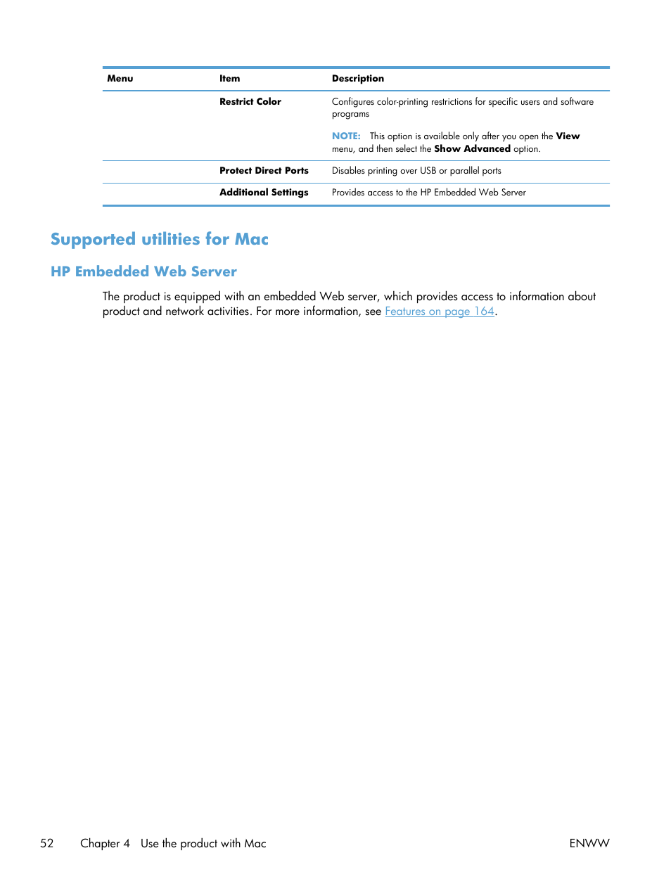 Supported utilities for mac, Hp embedded web server | HP Color LaserJet Enterprise CP5525 Printer series User Manual | Page 68 / 262