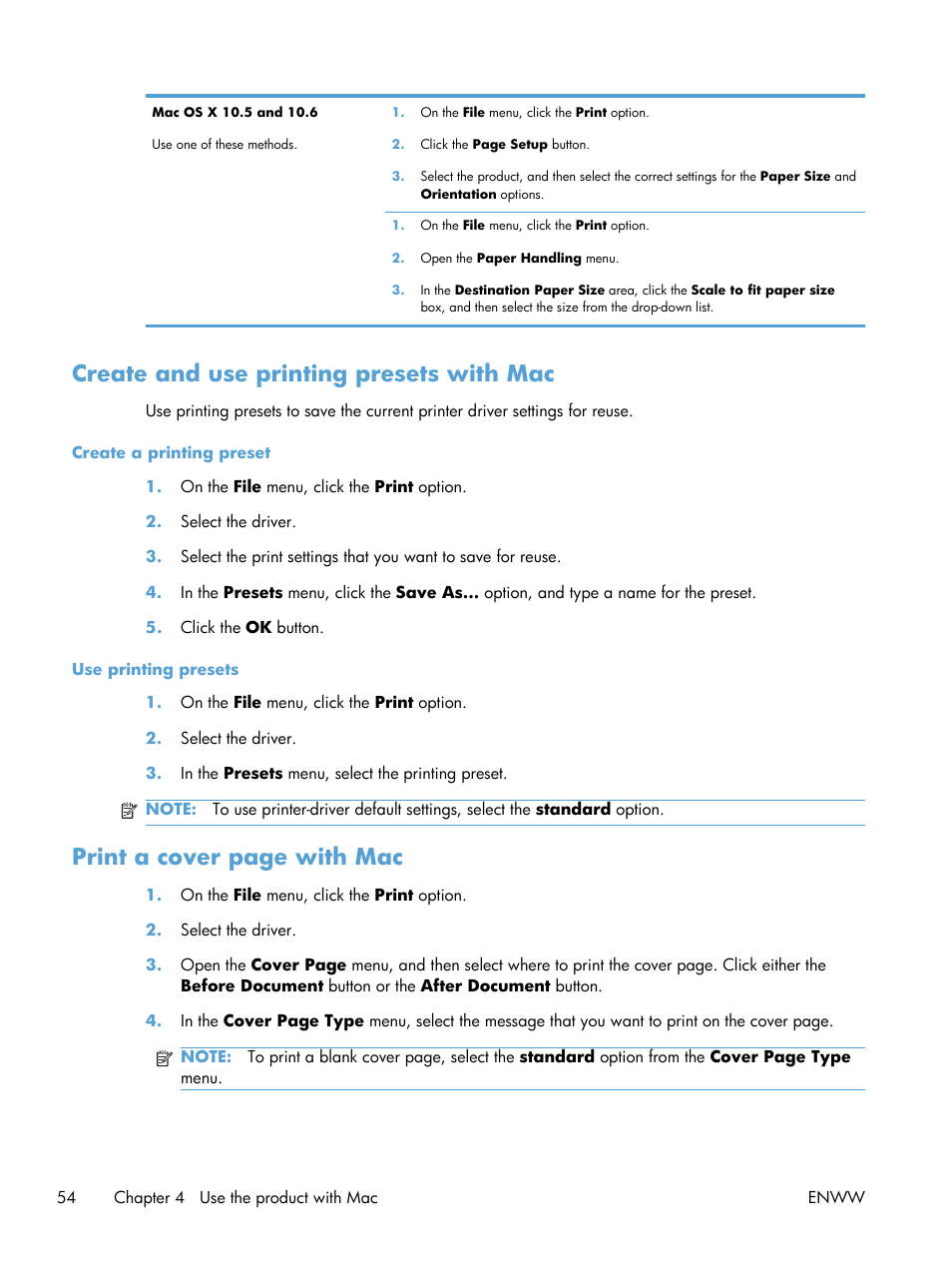 Create and use printing presets with mac, Print a cover page with mac | HP Color LaserJet Enterprise CP5525 Printer series User Manual | Page 70 / 262