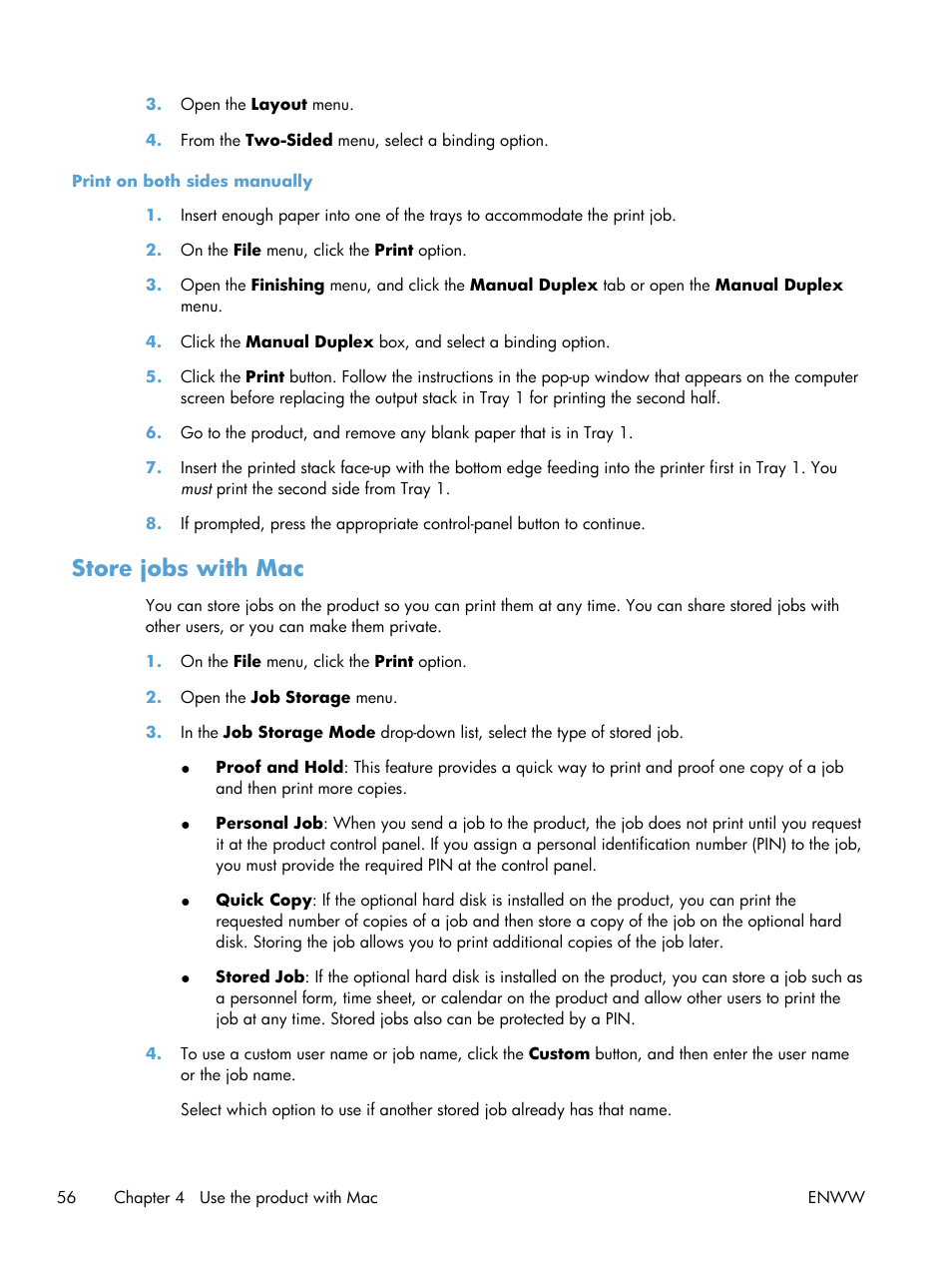 Store jobs with mac | HP Color LaserJet Enterprise CP5525 Printer series User Manual | Page 72 / 262