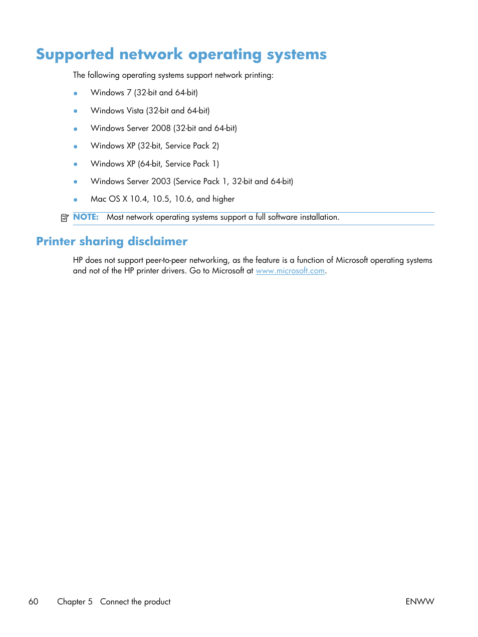 Supported network operating systems, Printer sharing disclaimer | HP Color LaserJet Enterprise CP5525 Printer series User Manual | Page 76 / 262