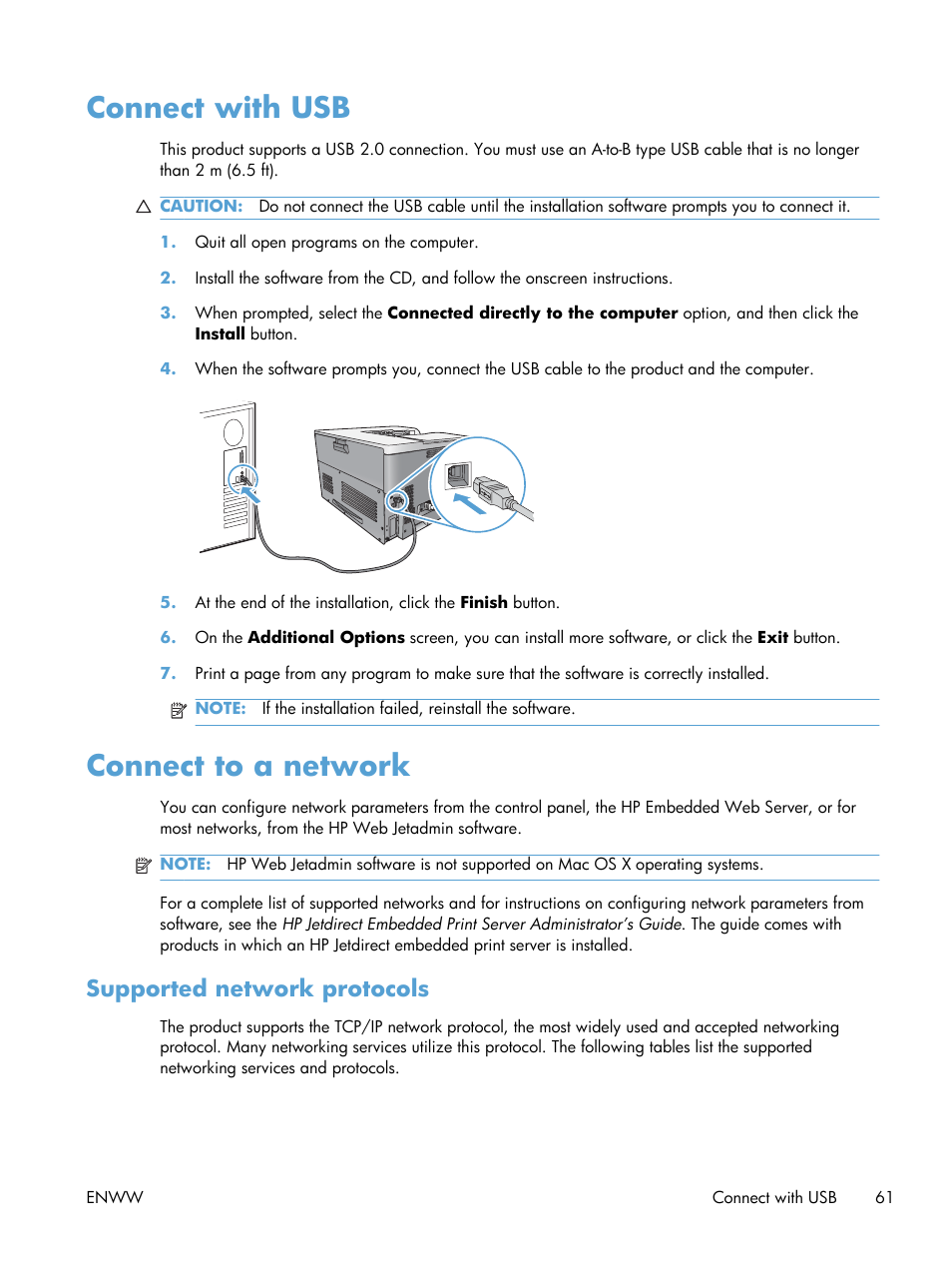 Connect with usb, Connect to a network, Supported network protocols | Connect with usb connect to a network | HP Color LaserJet Enterprise CP5525 Printer series User Manual | Page 77 / 262