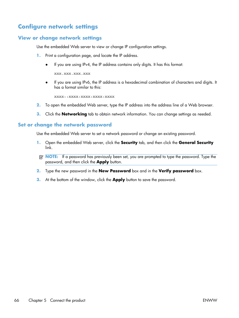 Configure network settings, View or change network settings, Set or change the network password | HP Color LaserJet Enterprise CP5525 Printer series User Manual | Page 82 / 262