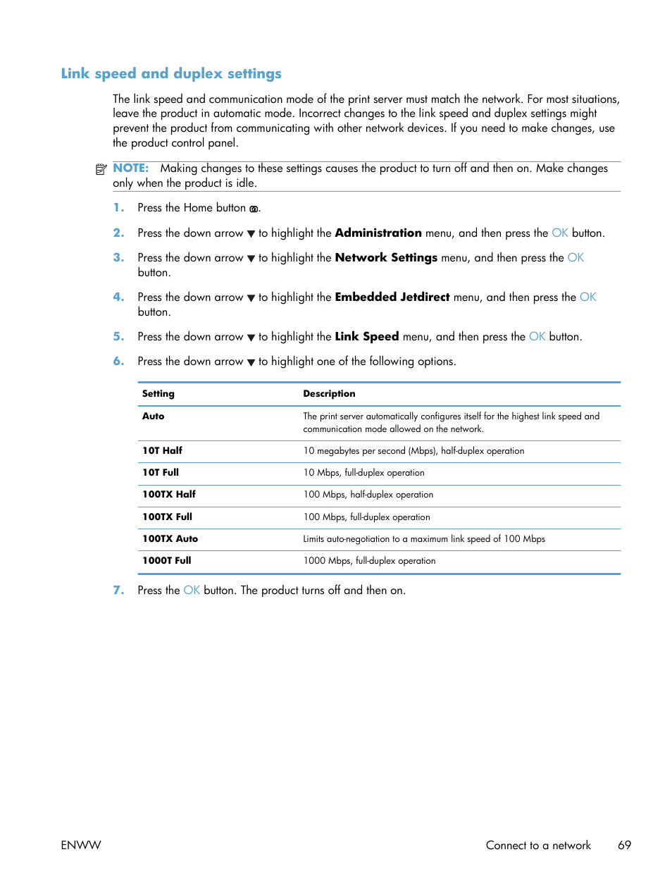 Link speed and duplex settings | HP Color LaserJet Enterprise CP5525 Printer series User Manual | Page 85 / 262
