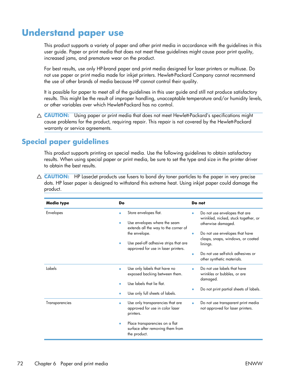 Understand paper use, Special paper guidelines | HP Color LaserJet Enterprise CP5525 Printer series User Manual | Page 88 / 262