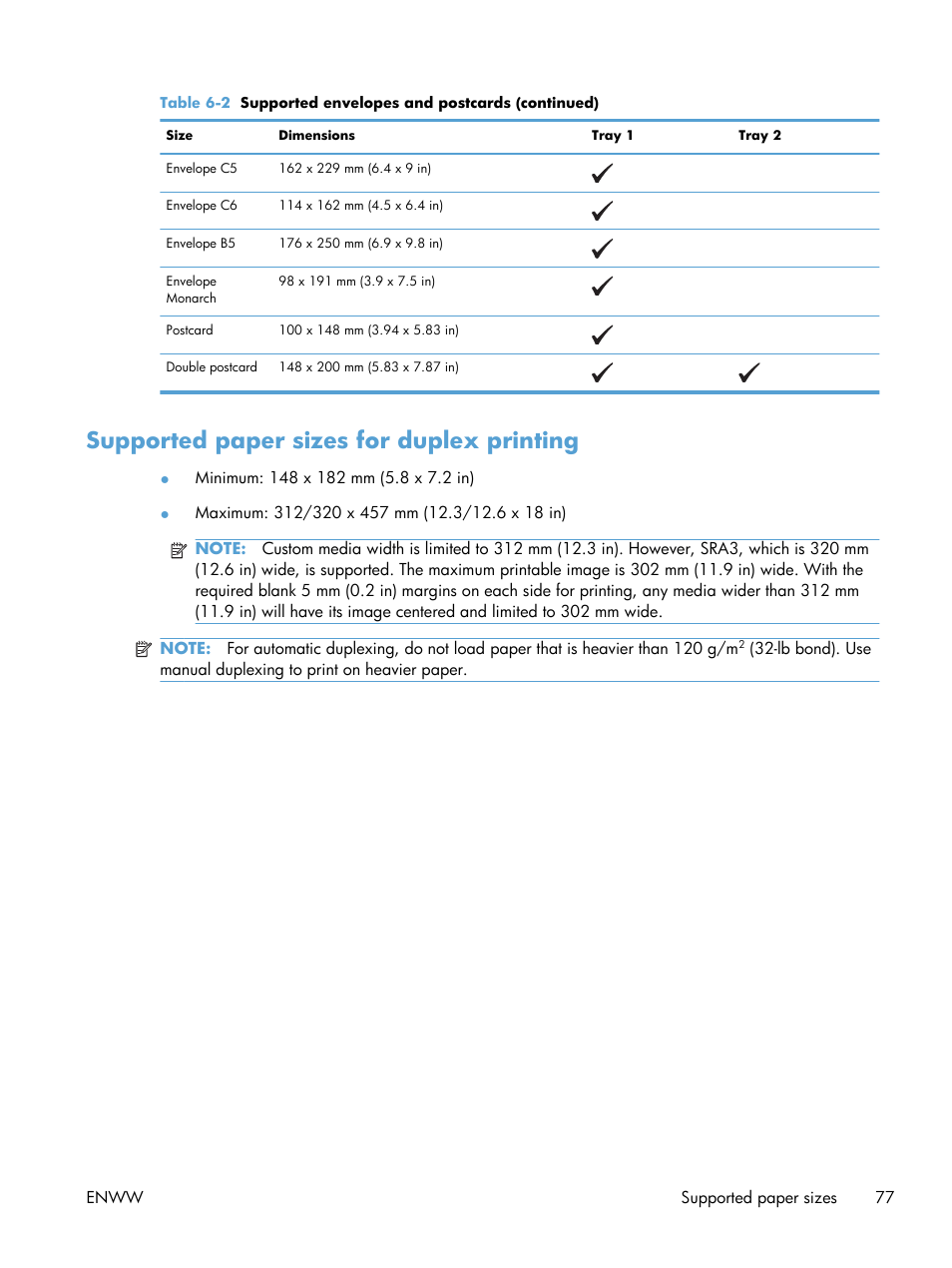 Supported paper sizes for duplex printing | HP Color LaserJet Enterprise CP5525 Printer series User Manual | Page 93 / 262