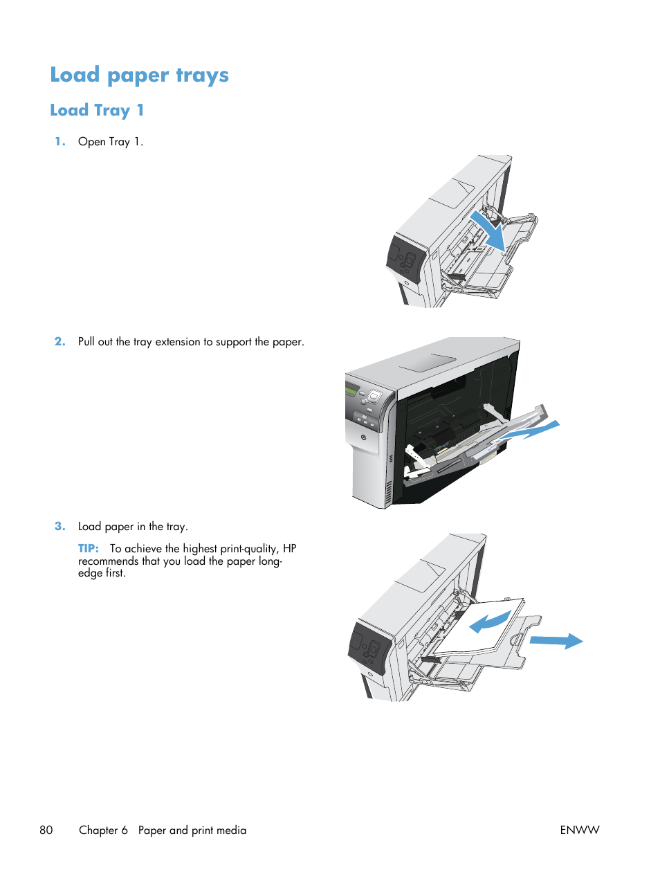 Load paper trays, Load tray 1 | HP Color LaserJet Enterprise CP5525 Printer series User Manual | Page 96 / 262