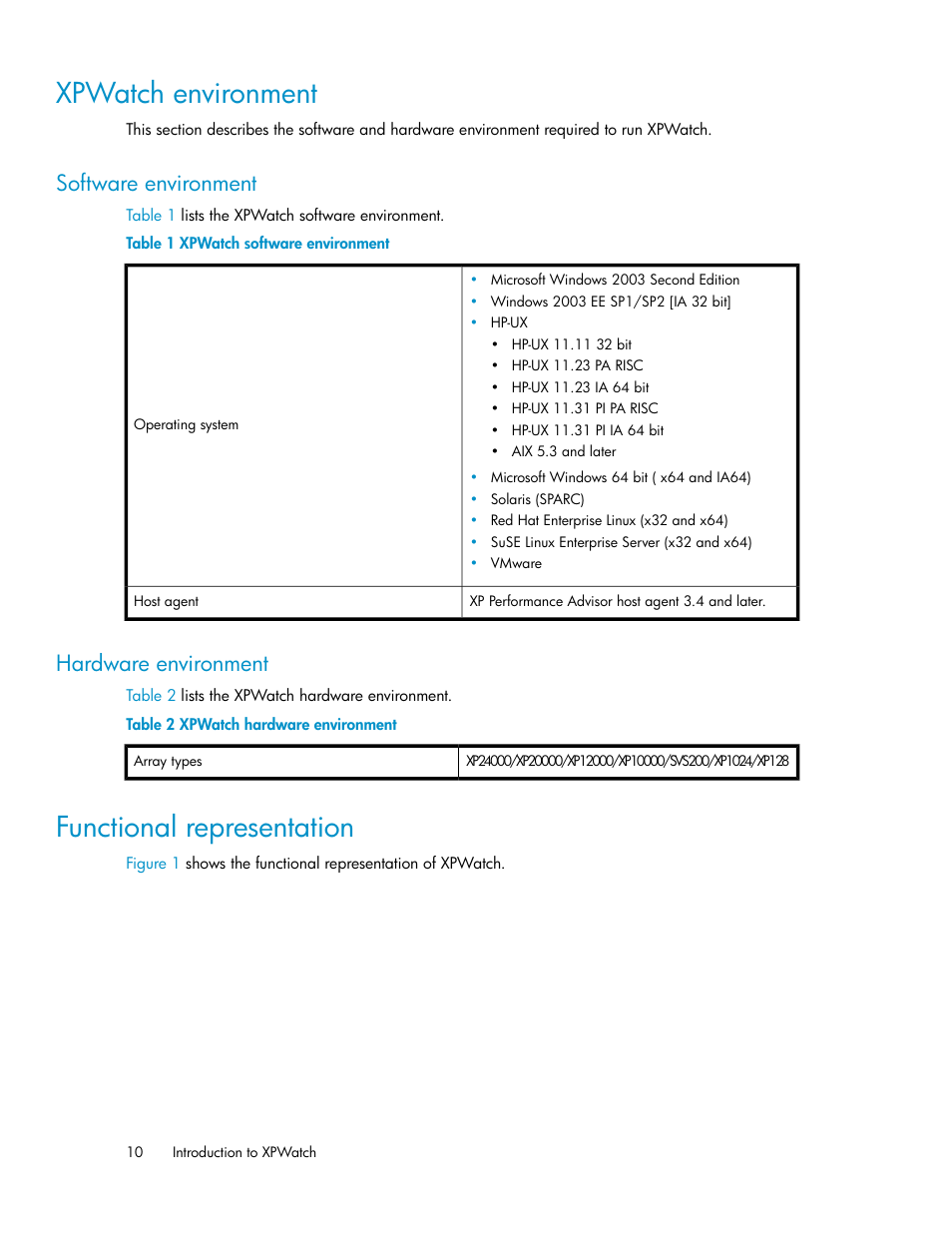 Xpwatch environment, Software environment, Hardware environment | Functional representation, 10 hardware environment, Xpwatch software environment, Xpwatch hardware environment | HP XP Performance Advisor Software User Manual | Page 10 / 68