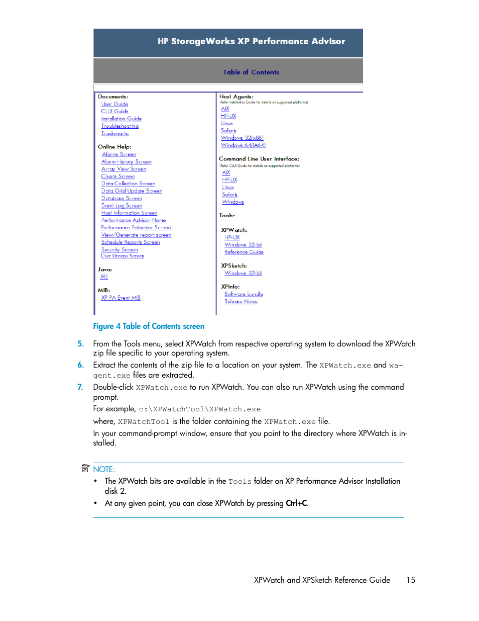 Table of contents screen | HP XP Performance Advisor Software User Manual | Page 15 / 68