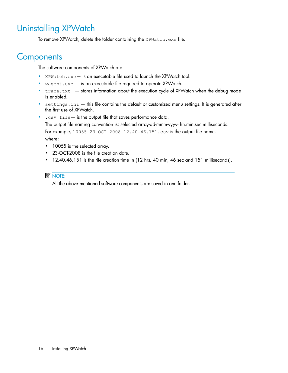 Uninstalling xpwatch, Components, 16 components | HP XP Performance Advisor Software User Manual | Page 16 / 68