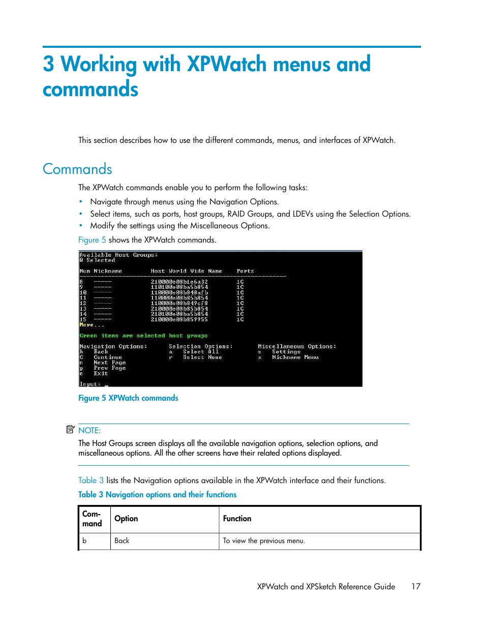 3 working with xpwatch menus and commands, Commands, Xpwatch commands | Navigation options and their functions | HP XP Performance Advisor Software User Manual | Page 17 / 68