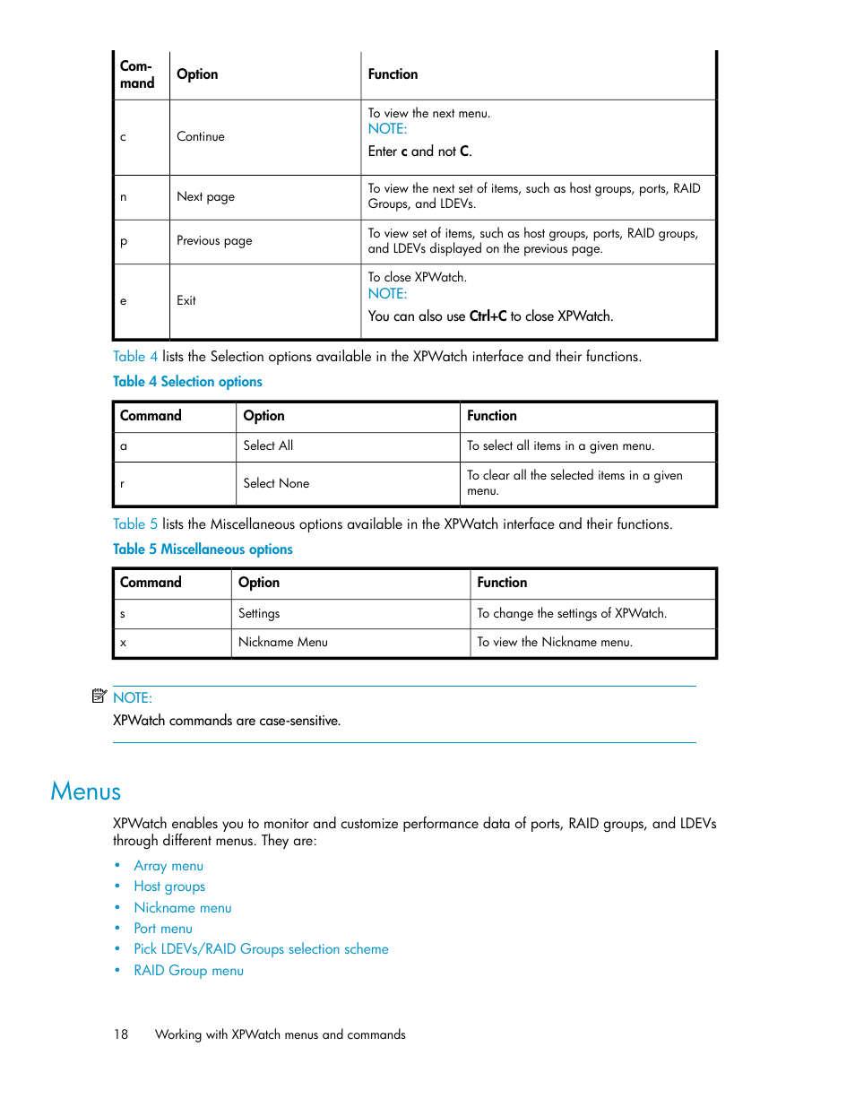 Menus, Selection options, Miscellaneous options | HP XP Performance Advisor Software User Manual | Page 18 / 68