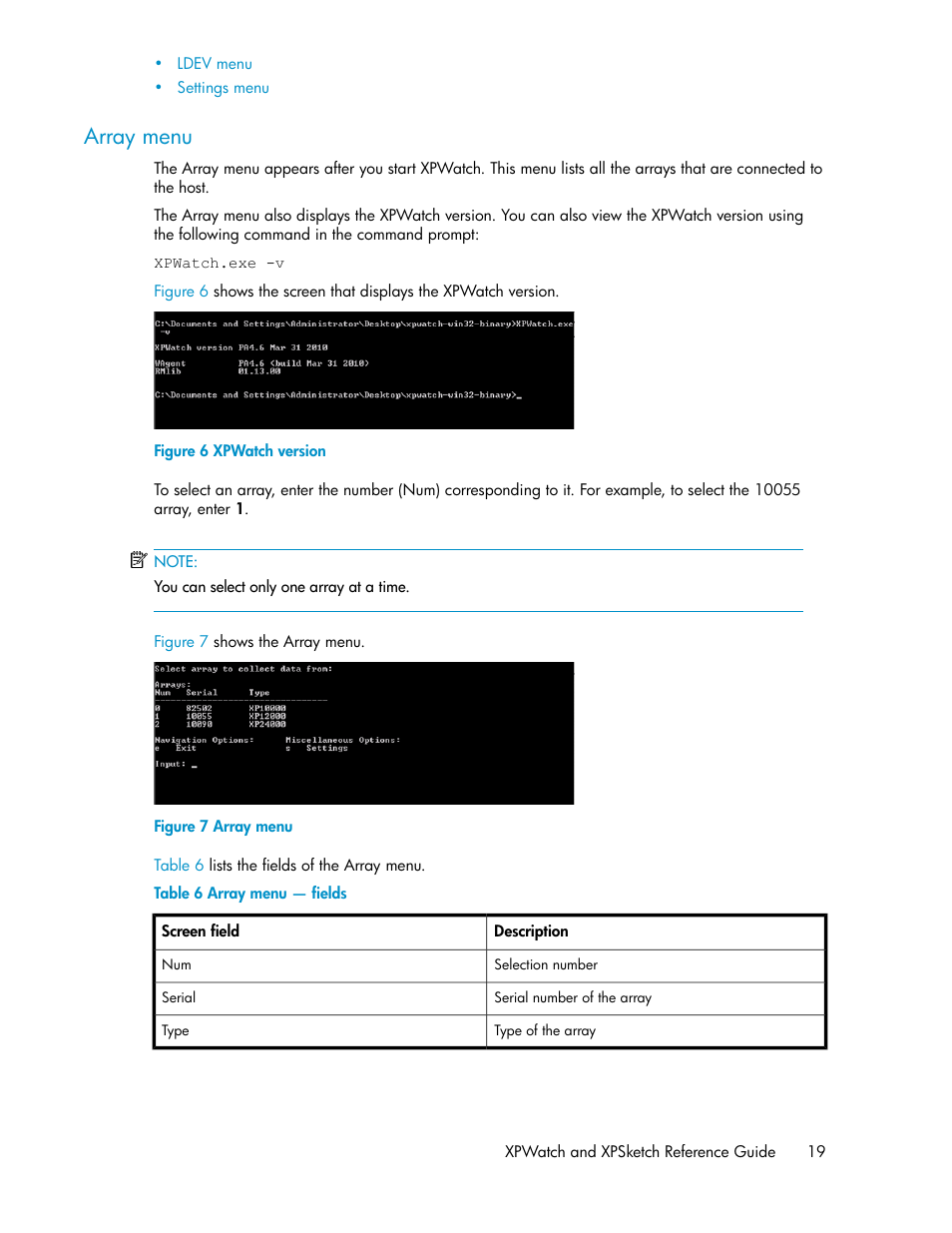 Array menu, Xpwatch version, Array menu — fields | HP XP Performance Advisor Software User Manual | Page 19 / 68
