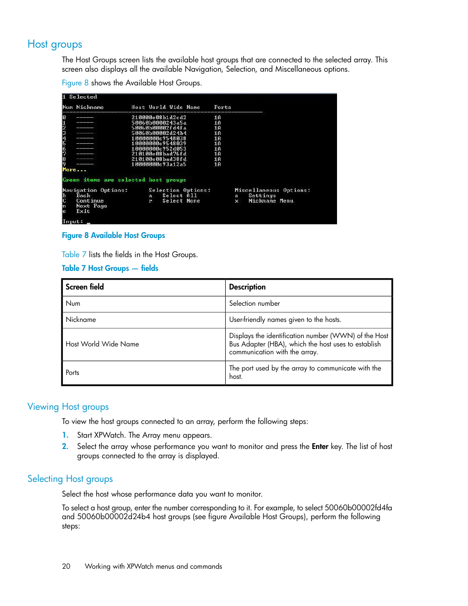 Host groups, Viewing host groups, Selecting host groups | 20 selecting host groups, Available host groups, Host groups — fields | HP XP Performance Advisor Software User Manual | Page 20 / 68