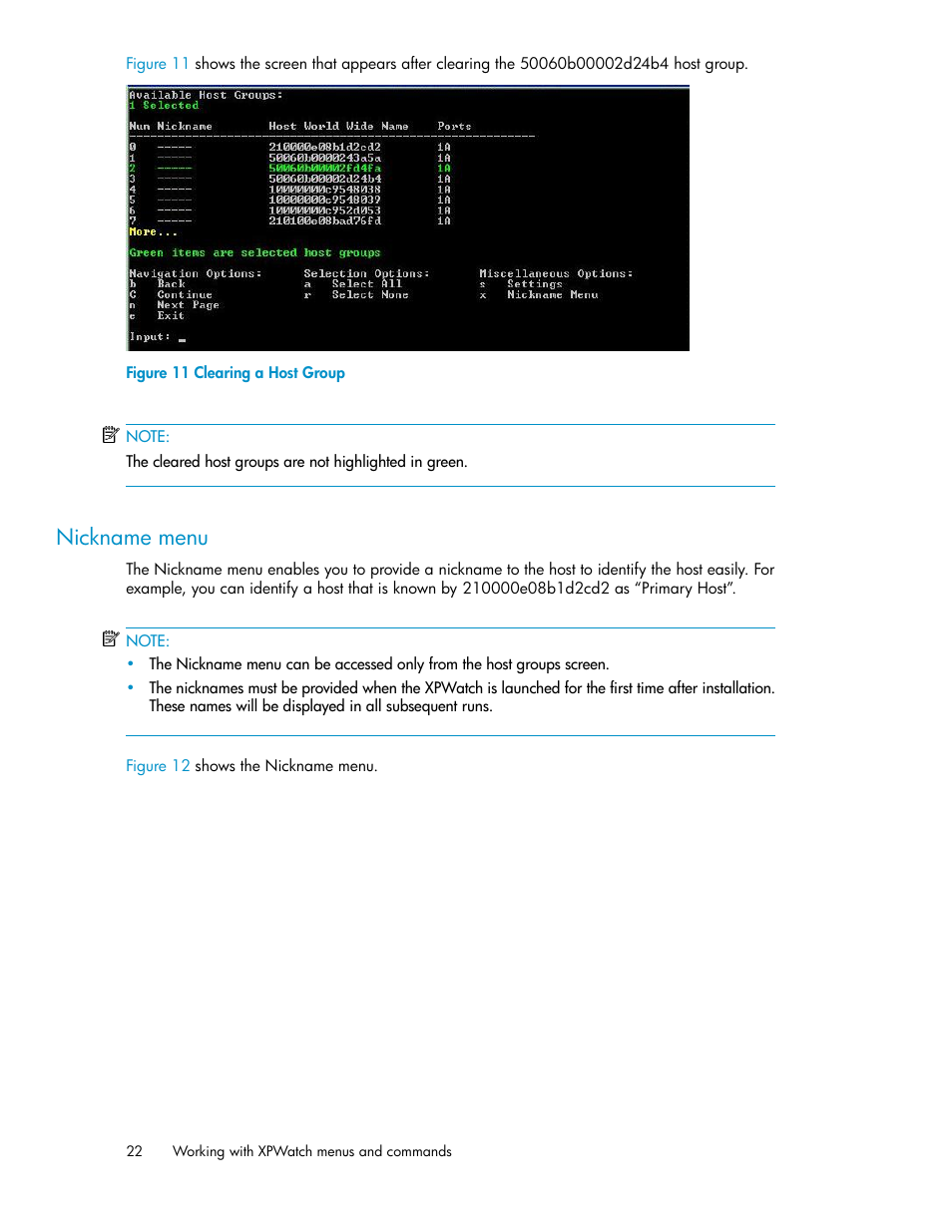 Nickname menu, Clearing a host group | HP XP Performance Advisor Software User Manual | Page 22 / 68