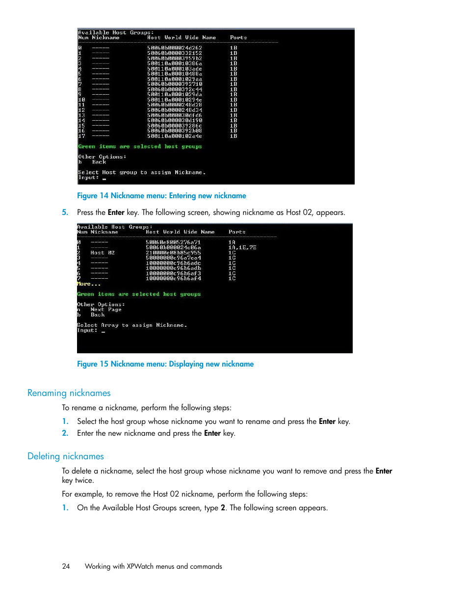 Renaming nicknames, Deleting nicknames, 24 deleting nicknames | Nickname menu: entering new nickname, Nickname menu: displaying new nickname | HP XP Performance Advisor Software User Manual | Page 24 / 68