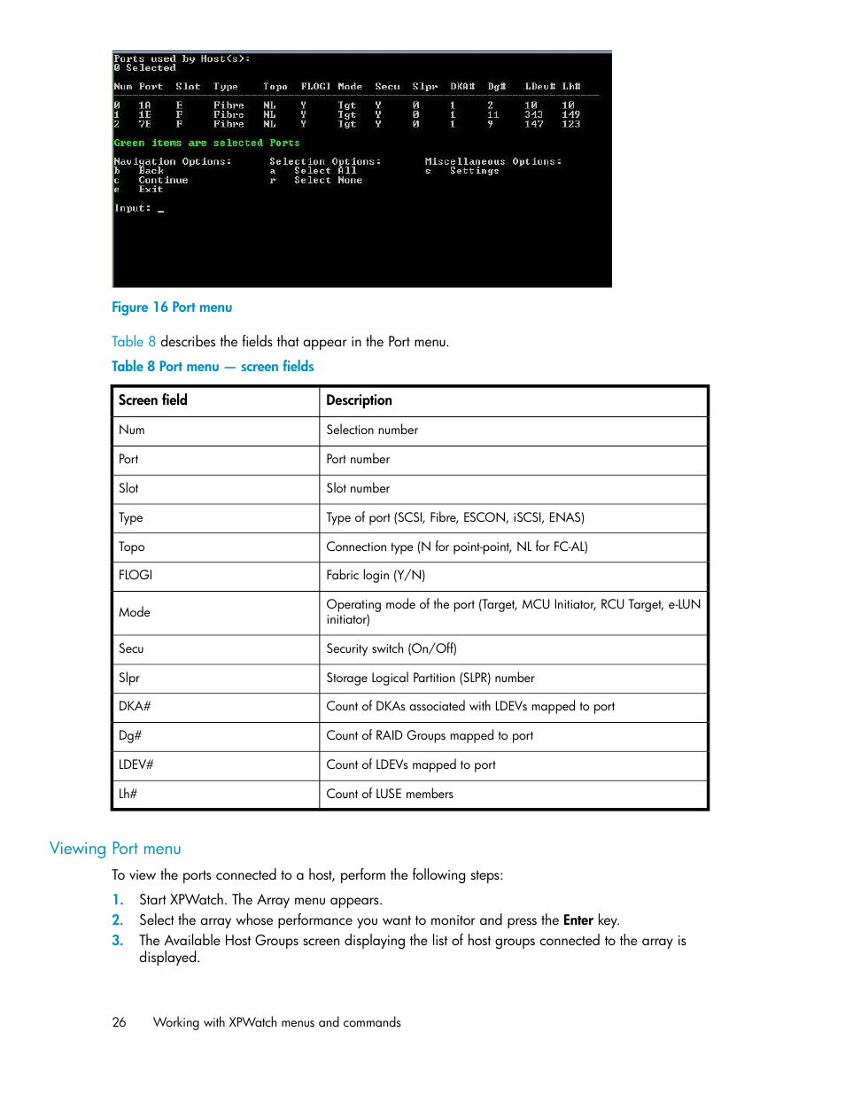 Viewing port menu, Port menu, Port menu — screen fields | HP XP Performance Advisor Software User Manual | Page 26 / 68