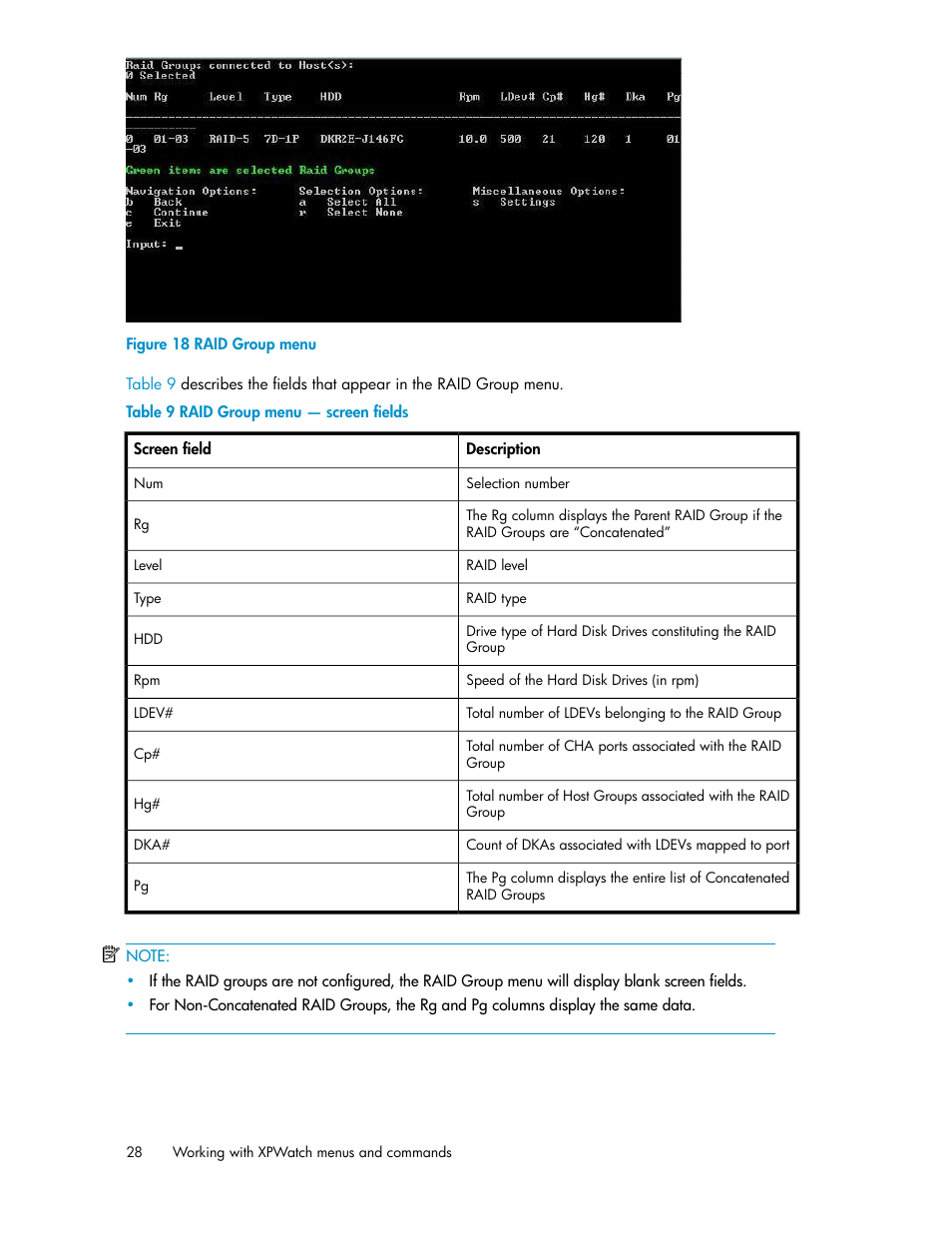 Raid group menu, Raid group menu — screen fields | HP XP Performance Advisor Software User Manual | Page 28 / 68