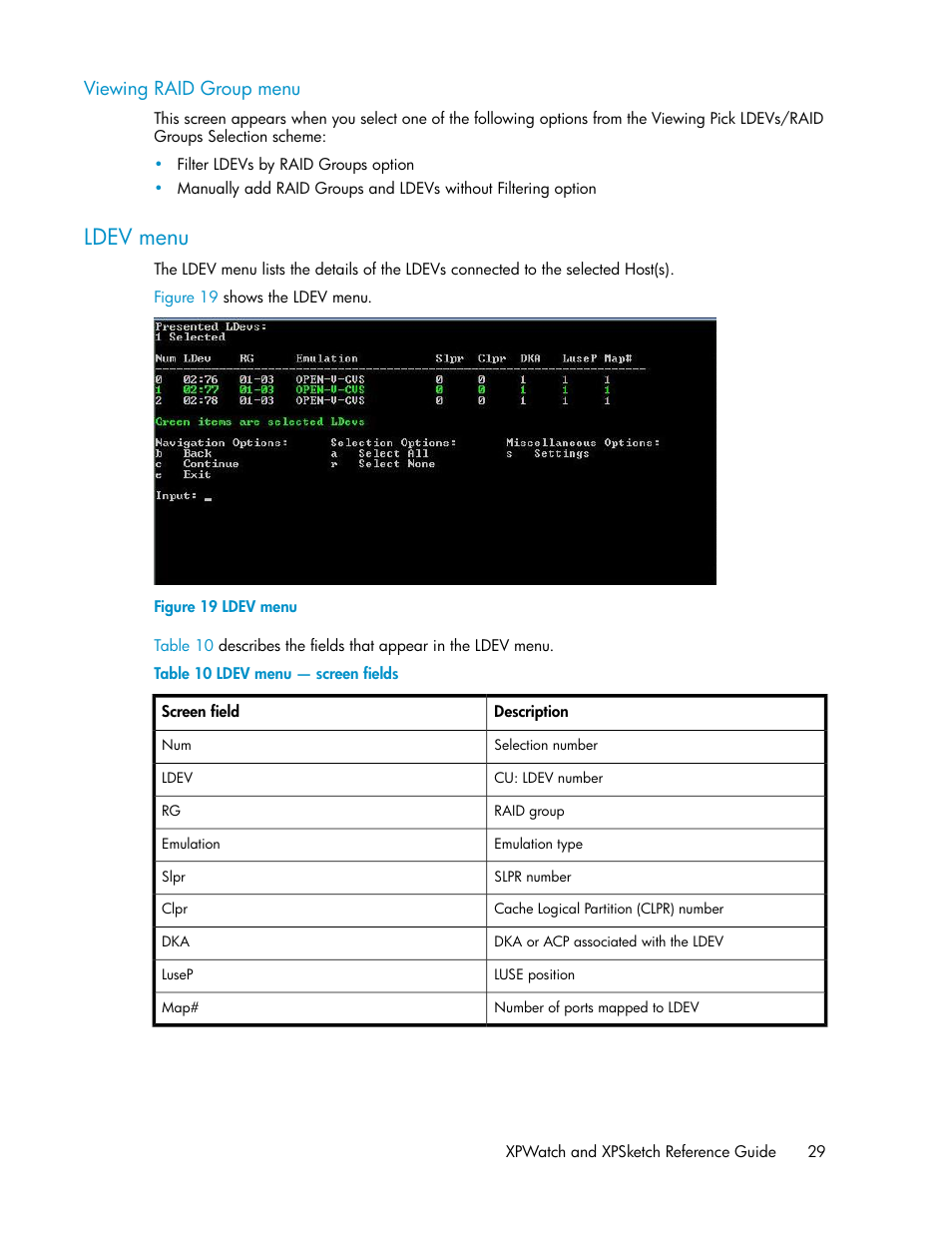 Viewing raid group menu, Ldev menu, Ldev menu — screen fields | HP XP Performance Advisor Software User Manual | Page 29 / 68
