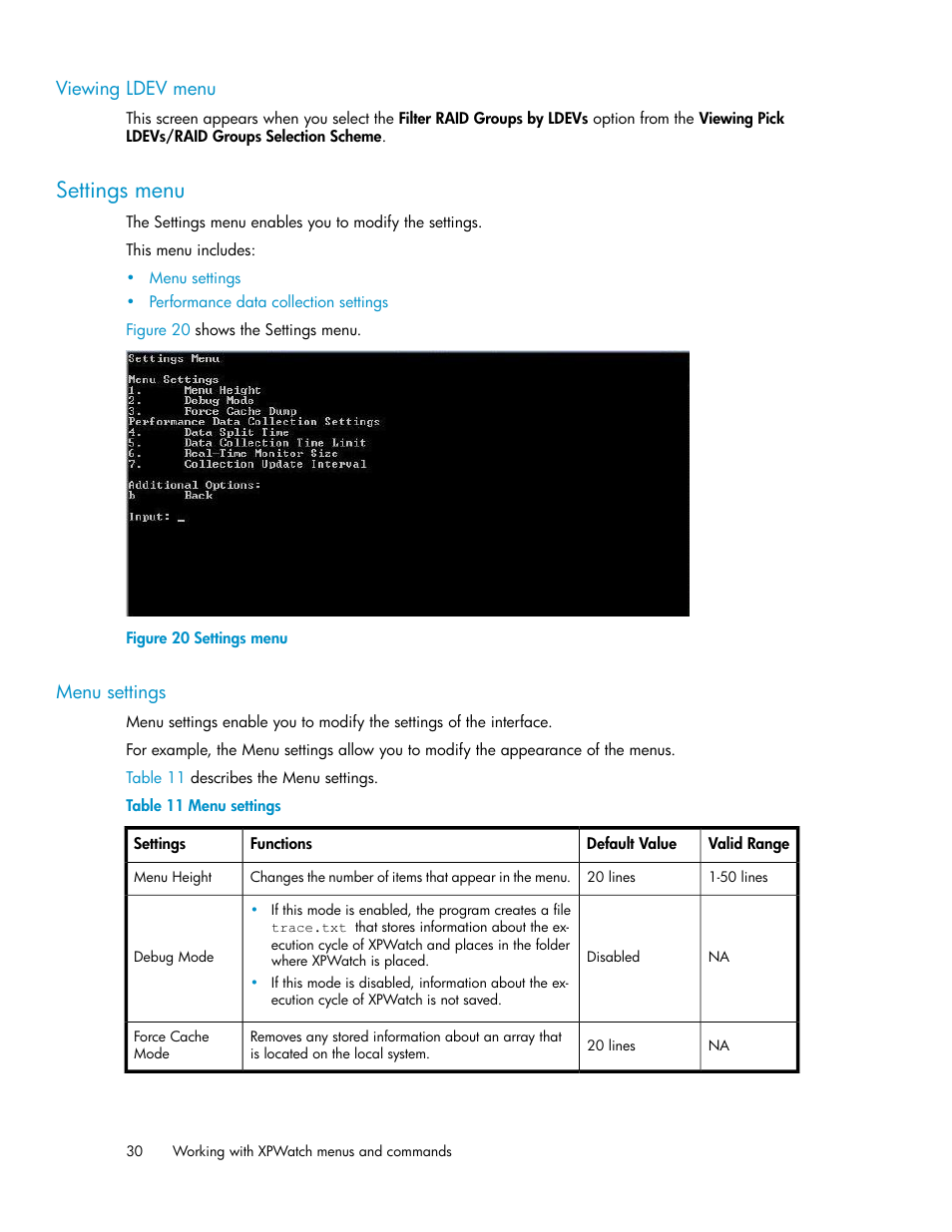 Viewing ldev menu, Settings menu, Menu settings | HP XP Performance Advisor Software User Manual | Page 30 / 68
