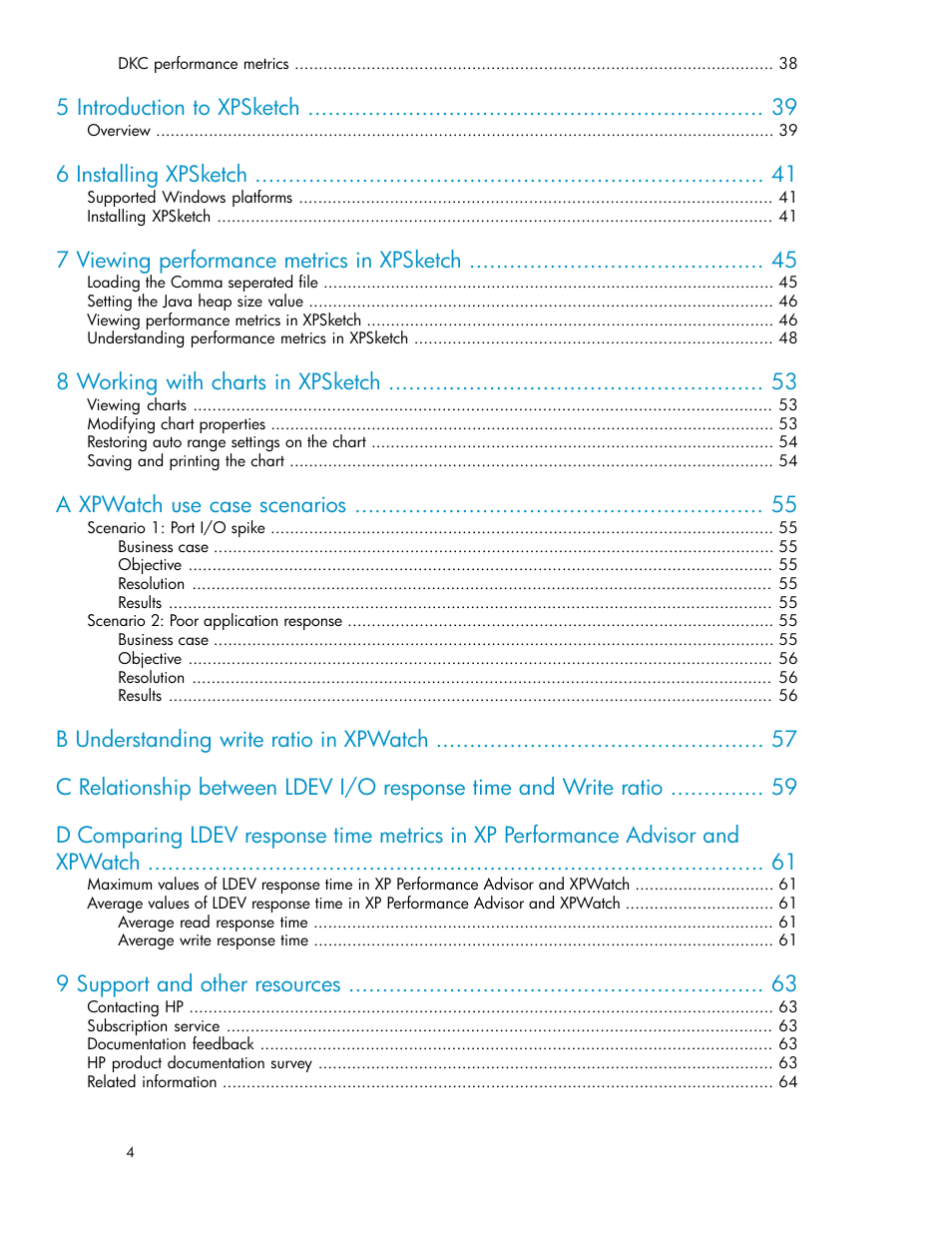 5 introduction to xpsketch, 6 installing xpsketch, 7 viewing performance metrics in xpsketch | 8 working with charts in xpsketch, A xpwatch use case scenarios, 9 support and other resources | HP XP Performance Advisor Software User Manual | Page 4 / 68