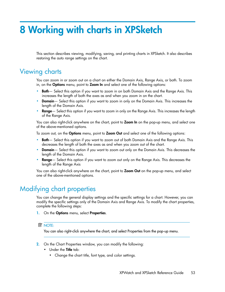 8 working with charts in xpsketch, Viewing charts, Modifying chart properties | 53 modifying chart properties | HP XP Performance Advisor Software User Manual | Page 53 / 68