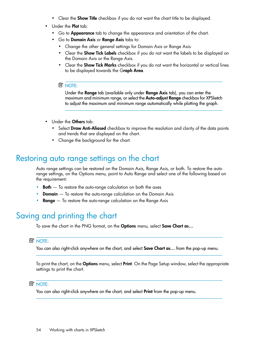 Restoring auto range settings on the chart, Saving and printing the chart, 54 saving and printing the chart | HP XP Performance Advisor Software User Manual | Page 54 / 68