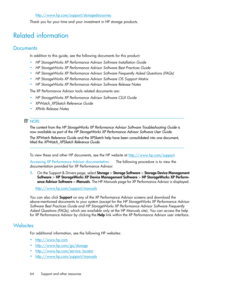 Related information, Documents, Websites | HP XP Performance Advisor Software User Manual | Page 64 / 68