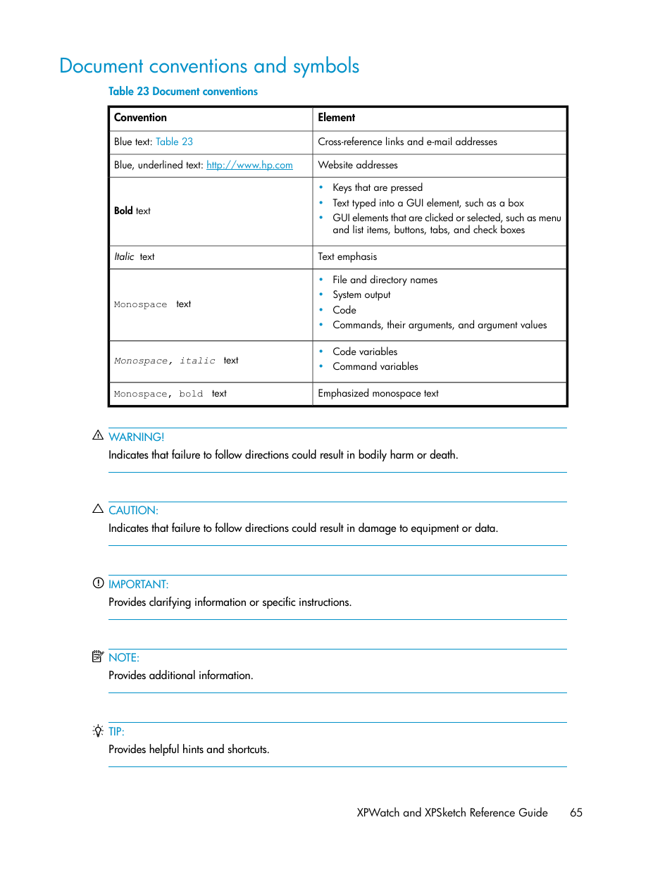 Document conventions and symbols, Document conventions | HP XP Performance Advisor Software User Manual | Page 65 / 68