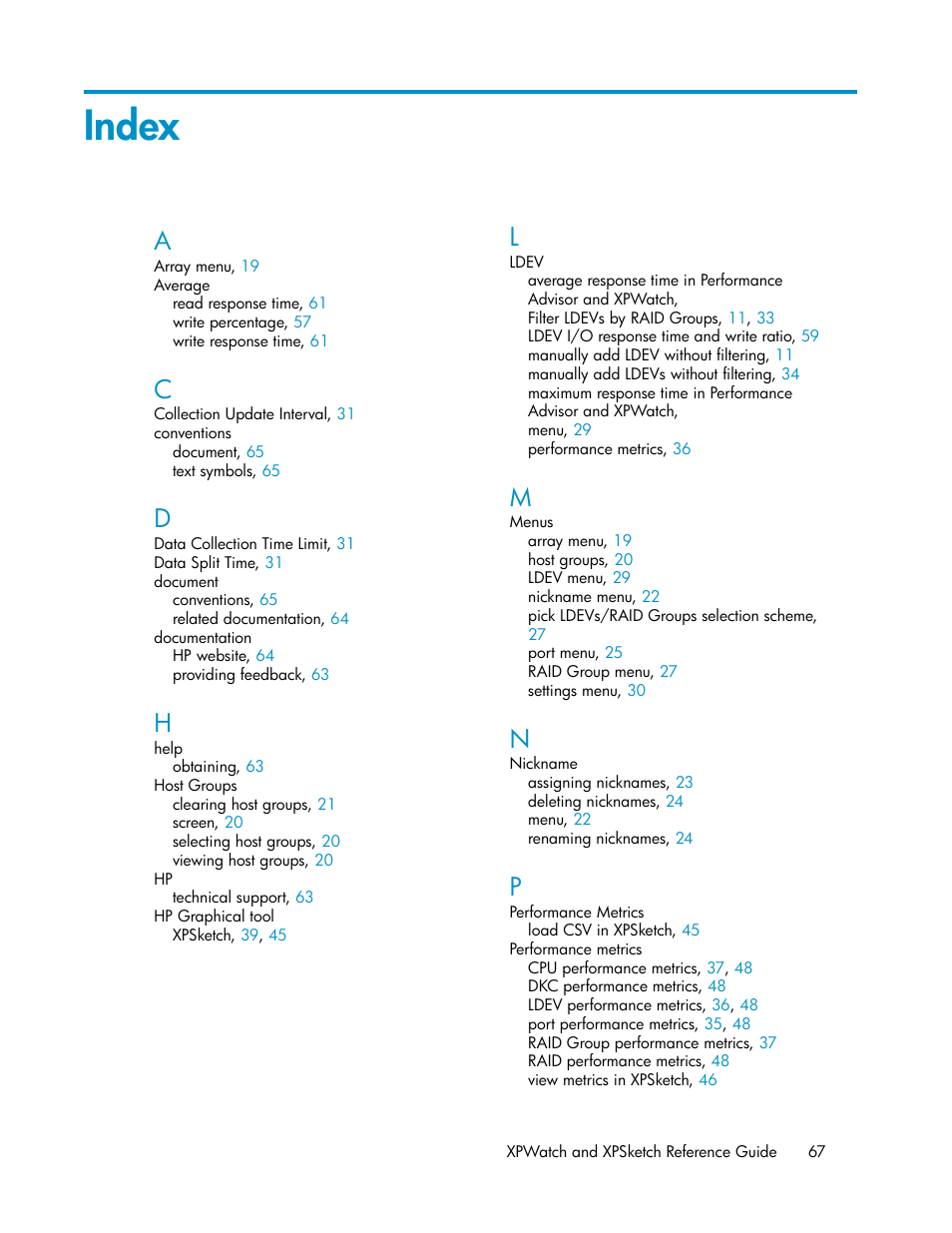 Index | HP XP Performance Advisor Software User Manual | Page 67 / 68