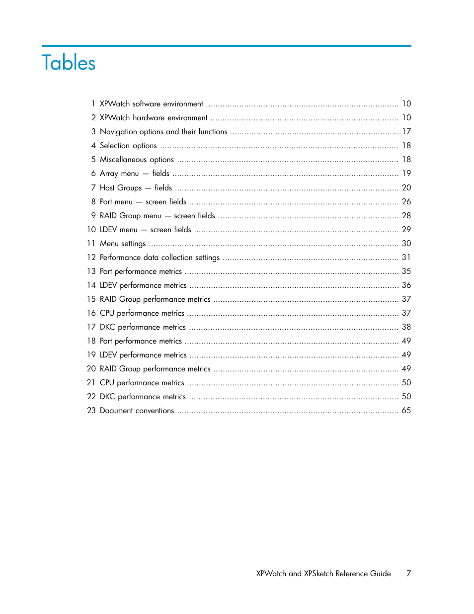 Tables | HP XP Performance Advisor Software User Manual | Page 7 / 68